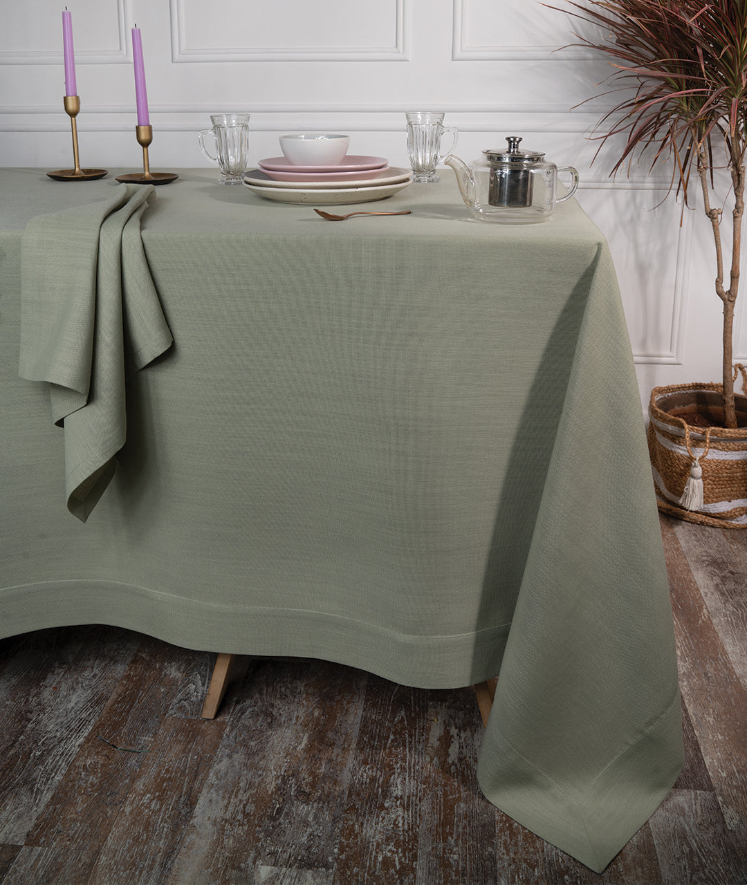 Sage Green Linen Textured Tablecloth - Mitered Corner