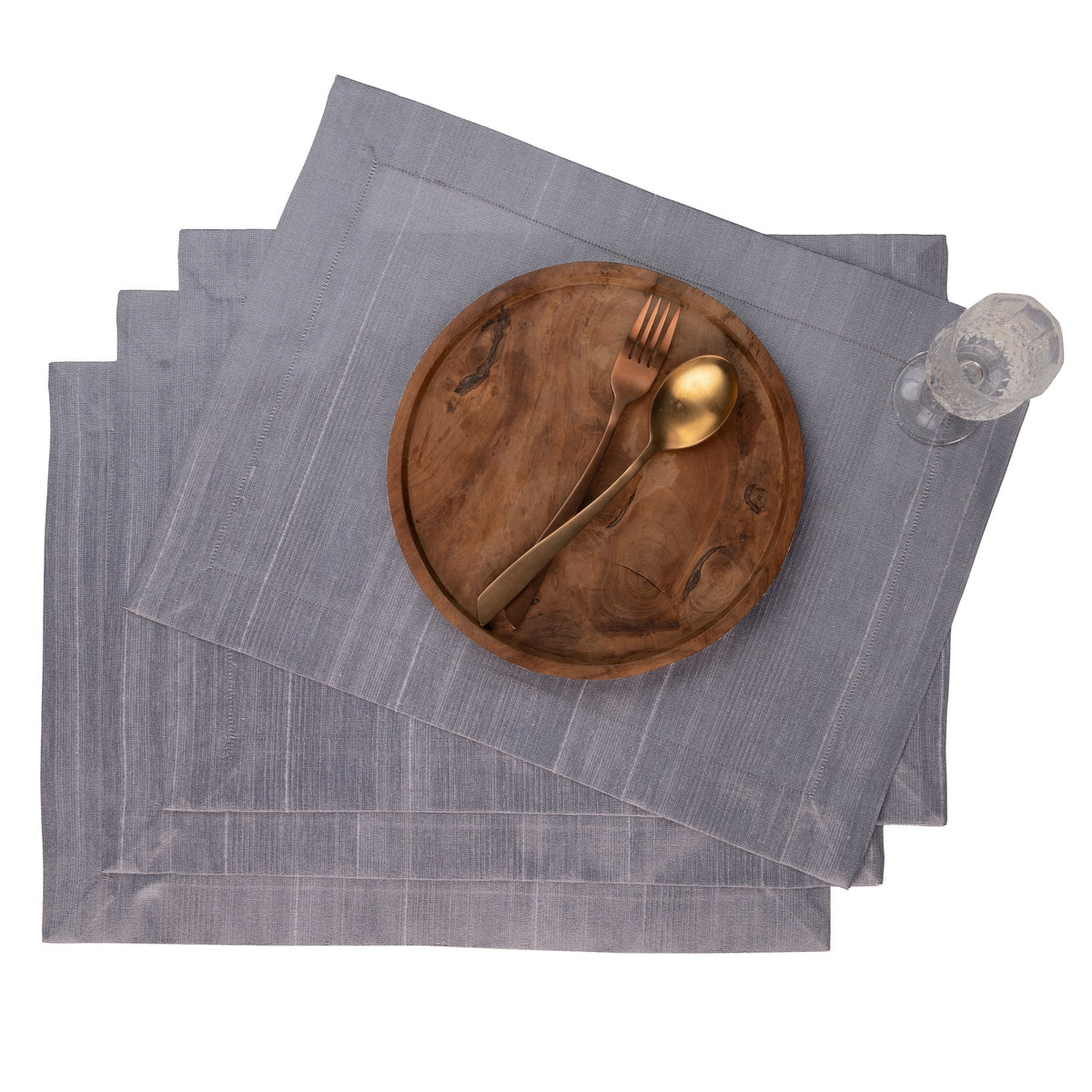 Steel grey Luxe Shine placemats with mitered corners, 14 x 19 inches, set of 4