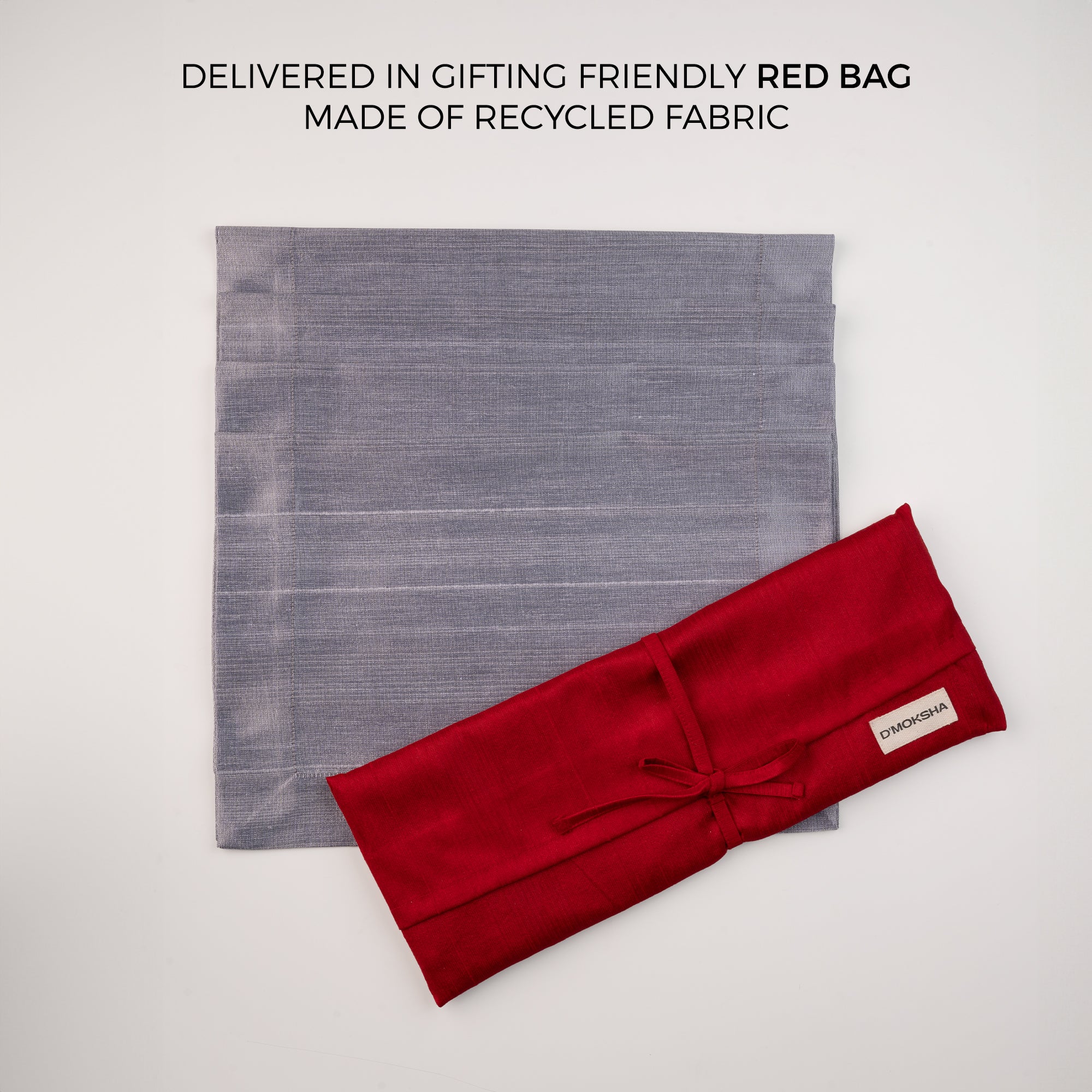 Steel grey Luxe Shine placemats with matching D'Moksha table linens