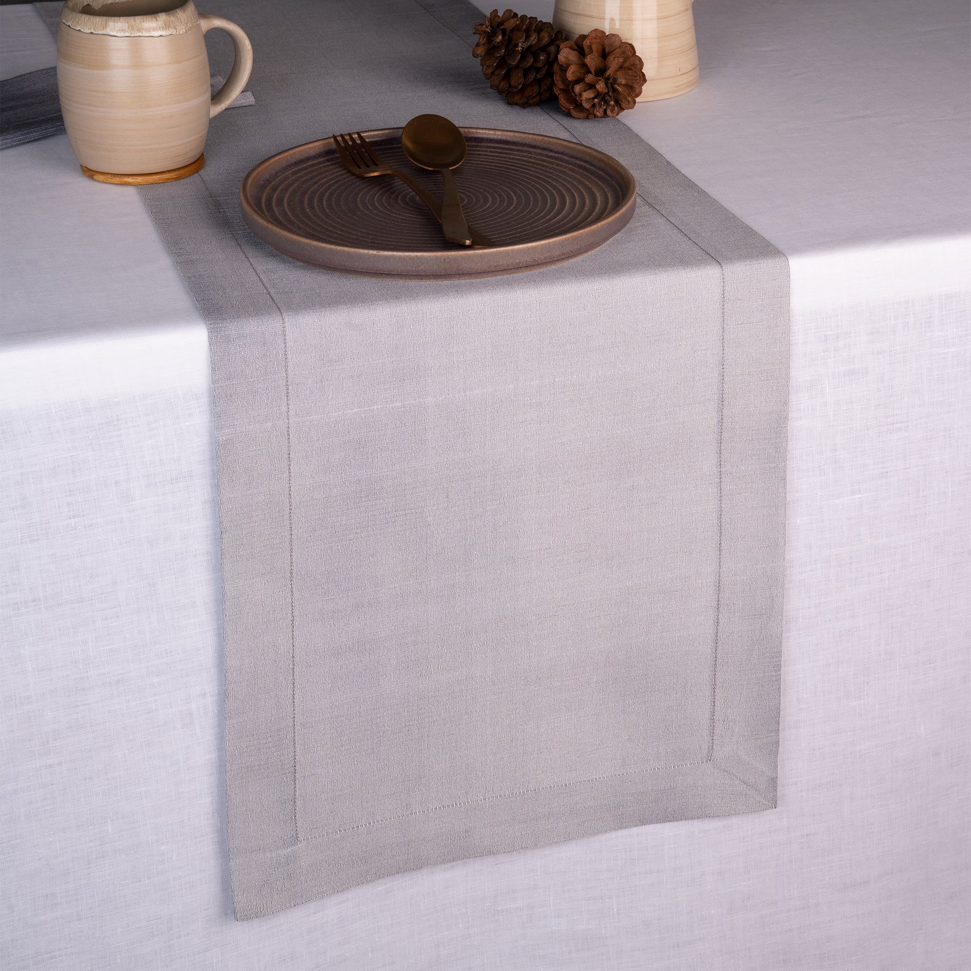 Steel grey Luxe Shine table runner with mitered corners, 14 x 36 inches