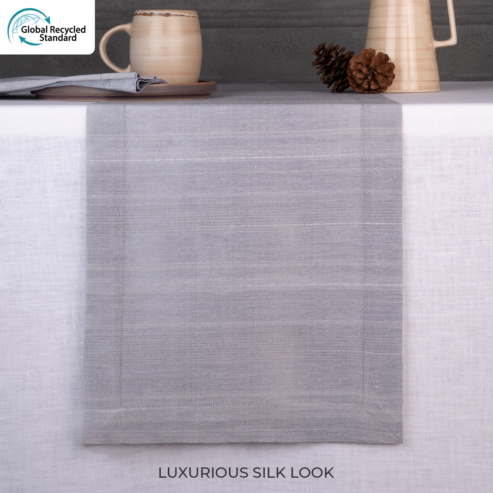 Steel grey Luxe Shine table runner styled on a dining table