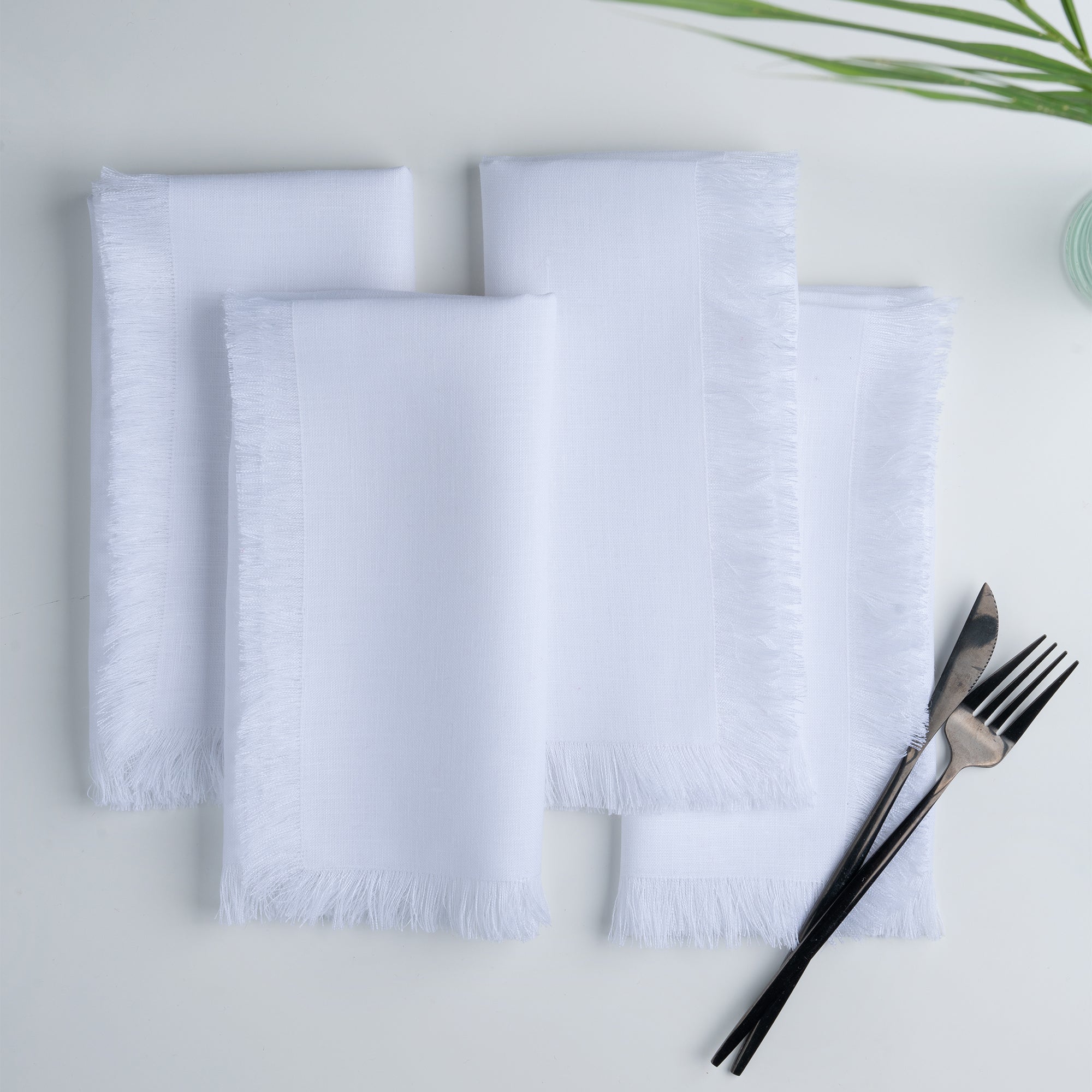 White pure linen dinner napkins with fringed edge, 20 x 20 inches, set of 4