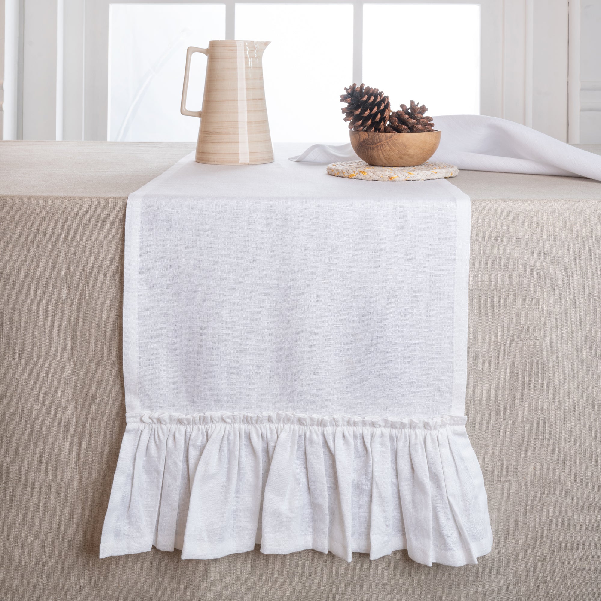 White pure linen table runner with ruffled edge, 14 x 72 inches