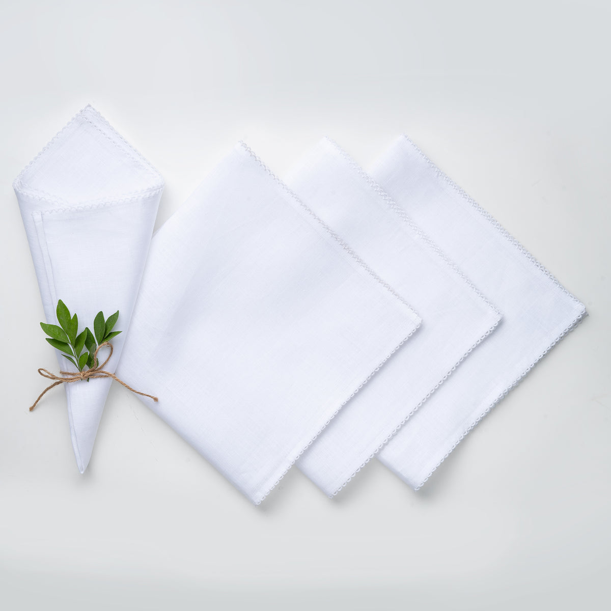 White and white pure linen dinner napkins with whipstitch edge, 20 x 20 inches, set of 4