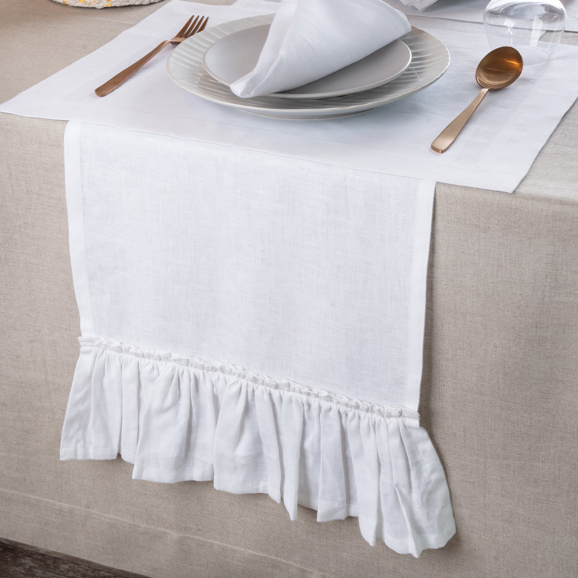 White pure linen table runner with matching D'Moksha table linens