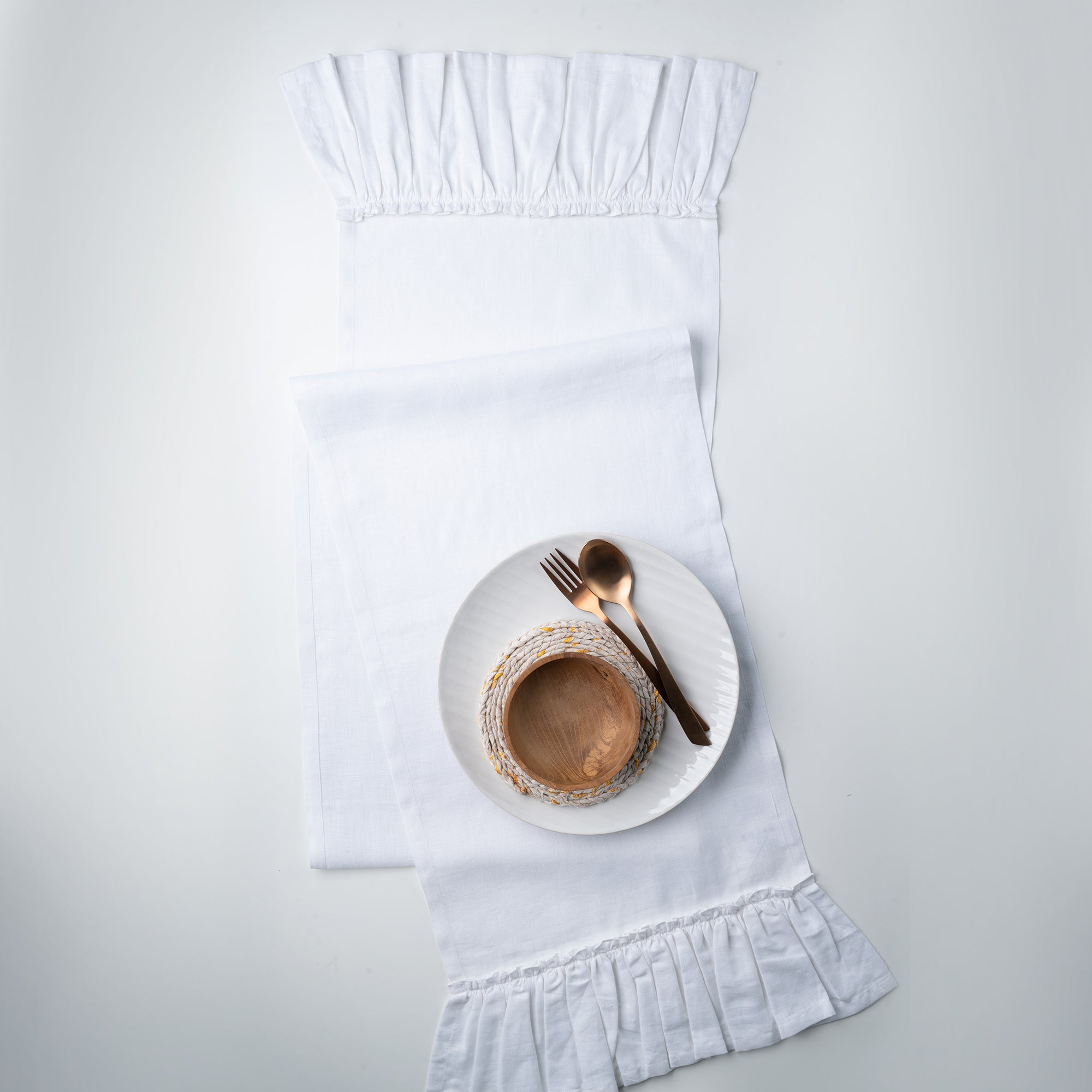 White Pure Linen Table Runner - Ruffle