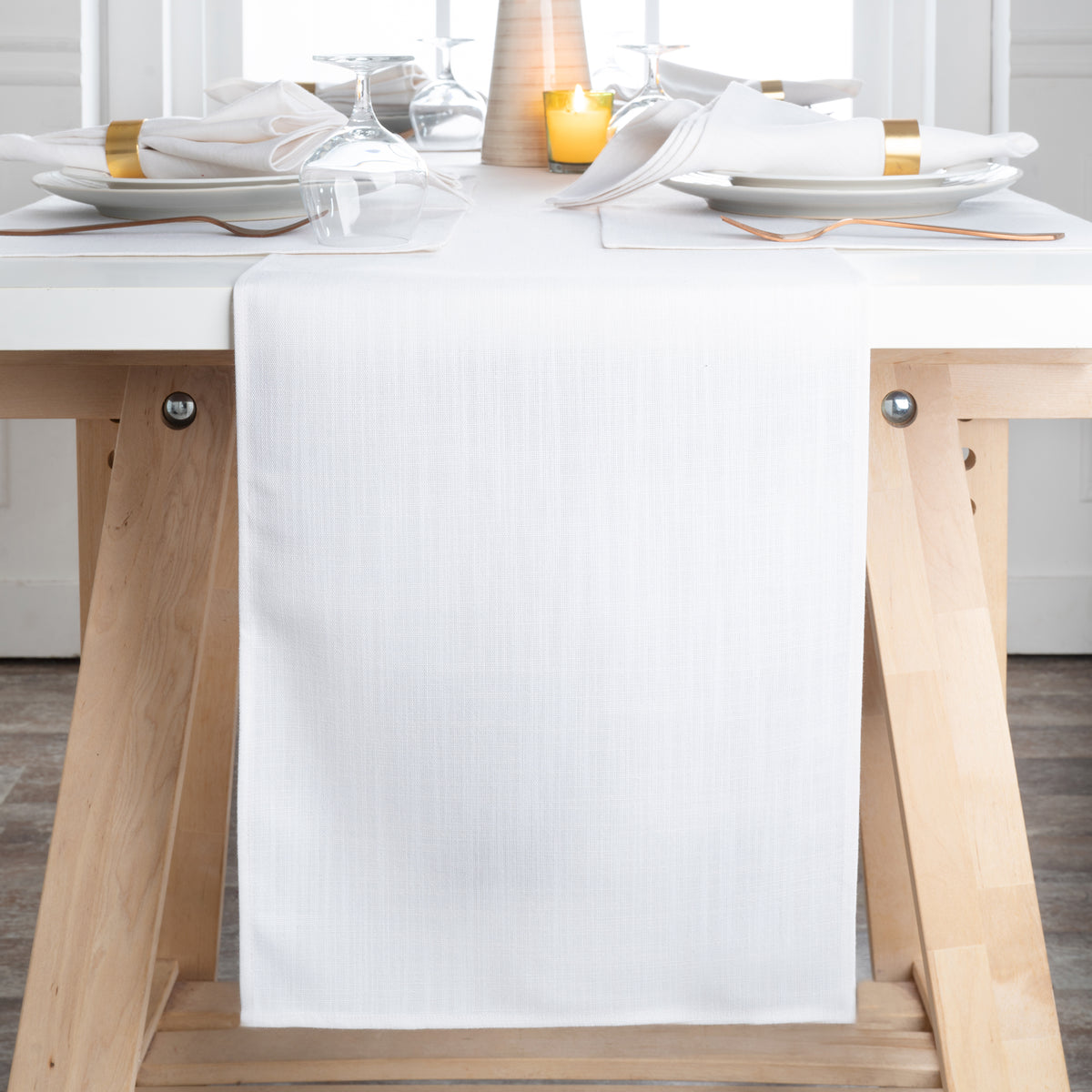Chambray cream and white faux linen table runner, 13 x 36 inches