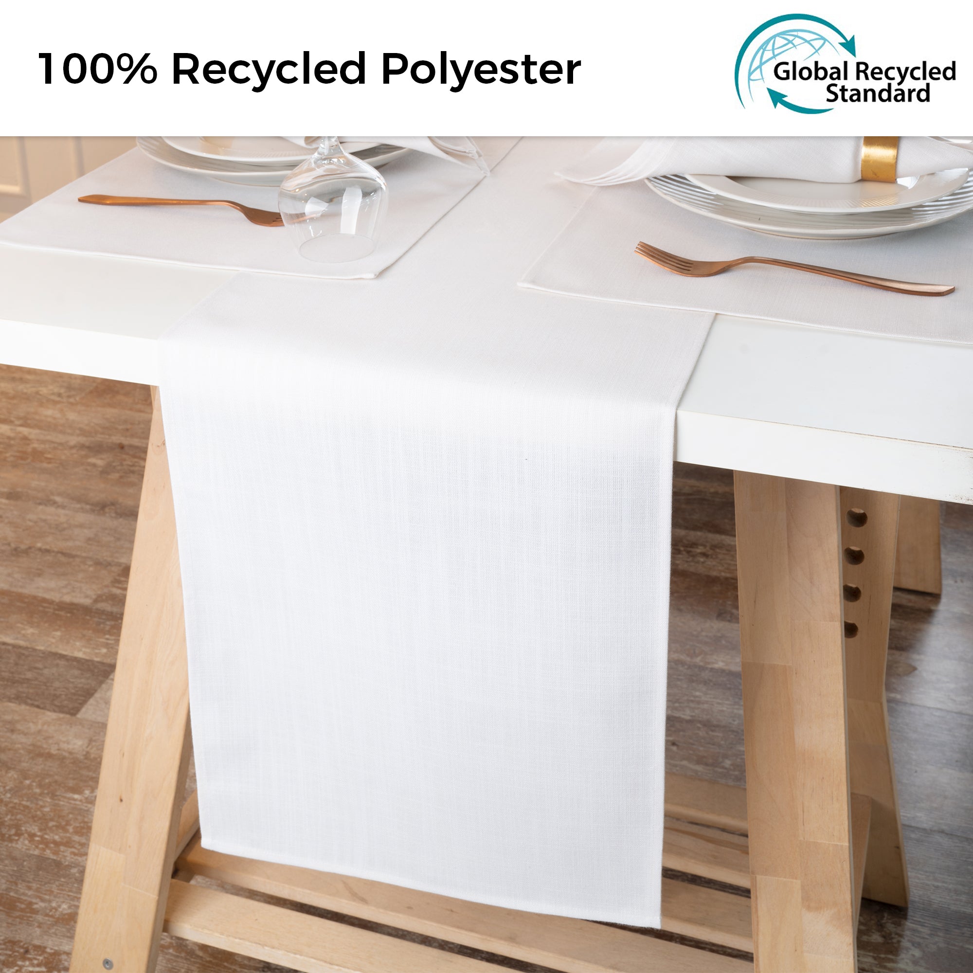 Chambray cream and white faux linen table runner styled on a dining table