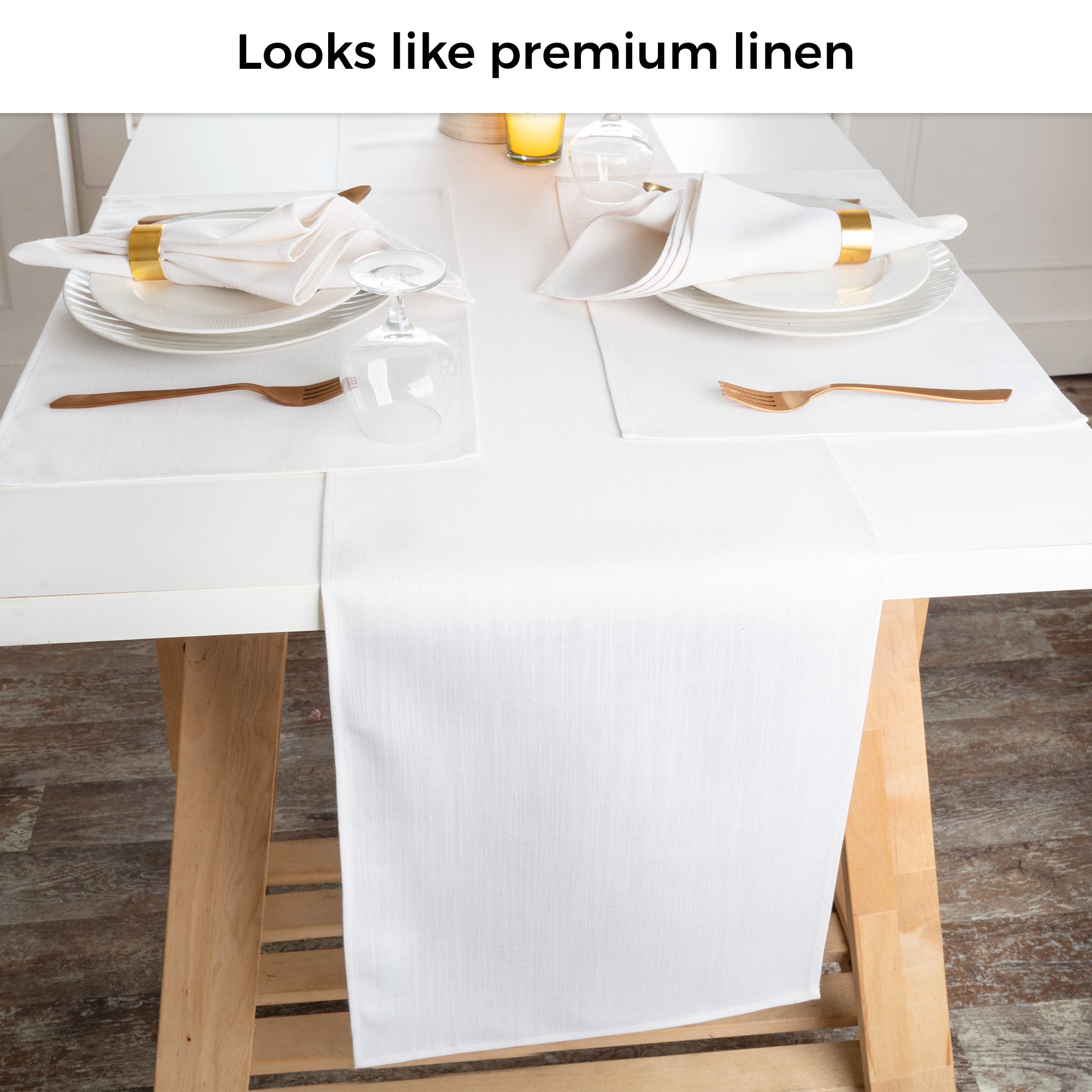 Close-up of the weave on a chambray cream and white faux linen table runner