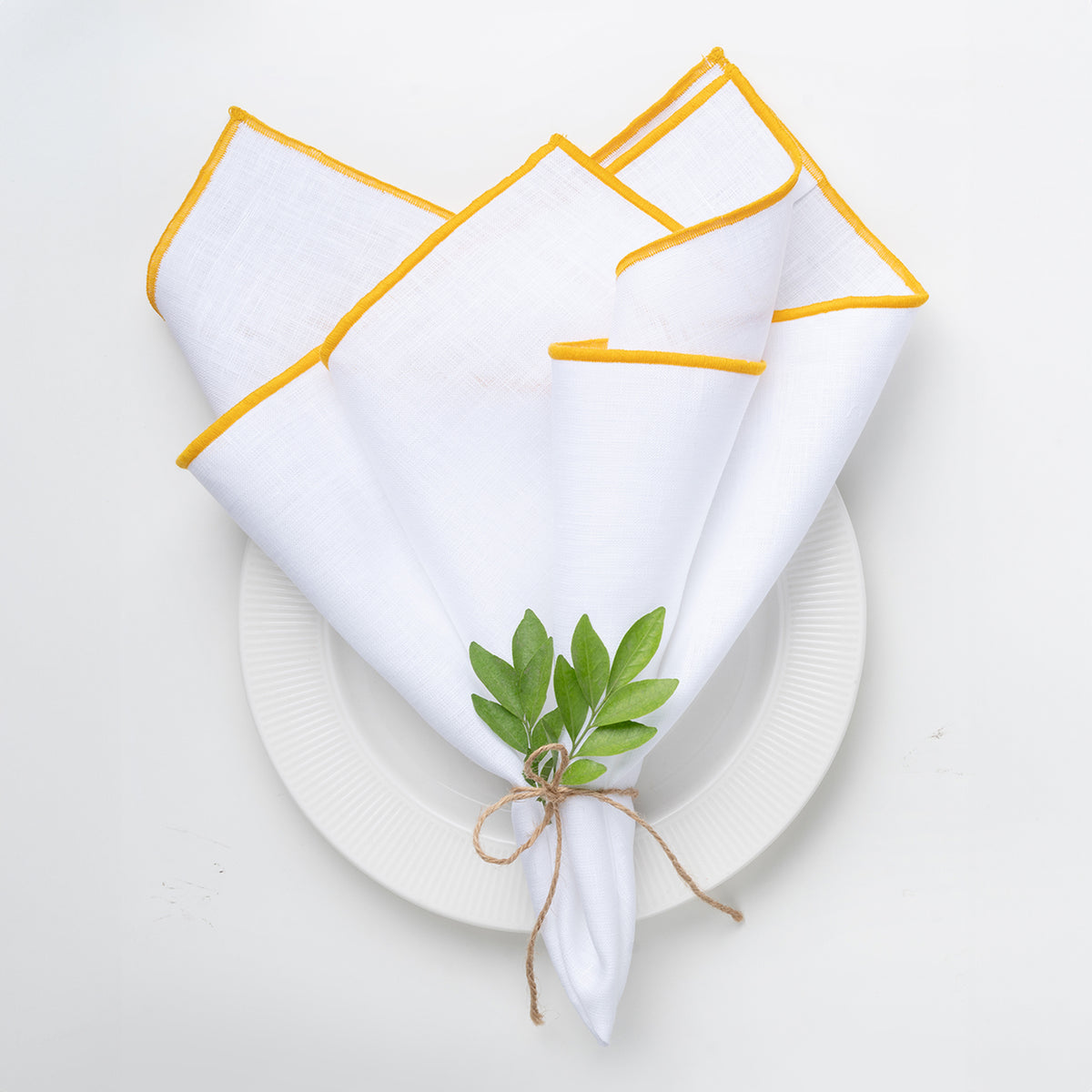 White and yellow pure linen dinner napkins with marrow edge, 20 x 20 inches, set of 4