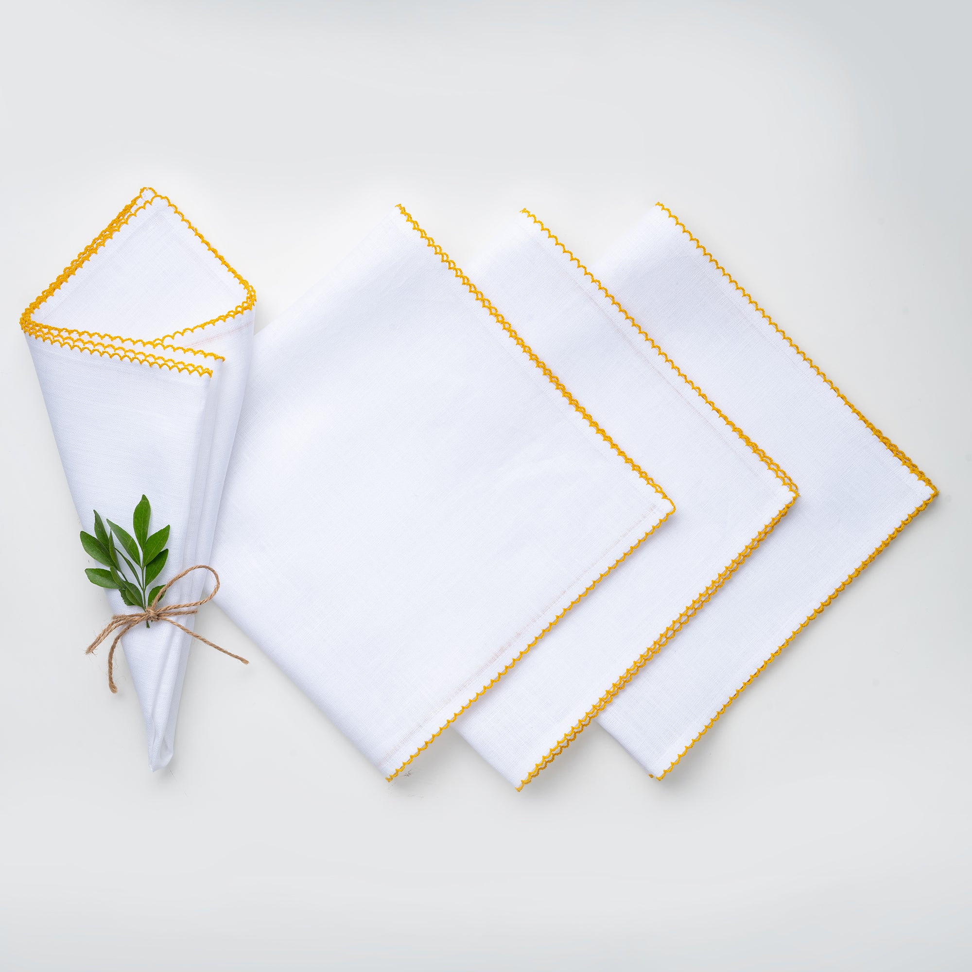 White and yellow pure linen dinner napkins with whipstitch edge, 20 x 20 inches, set of 4