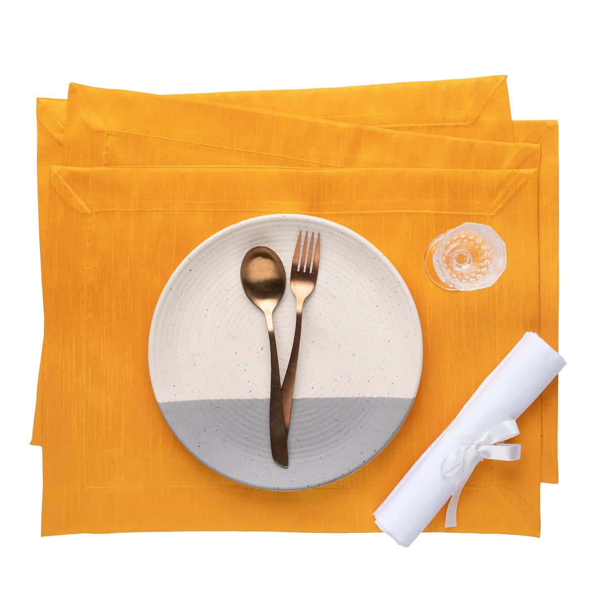 Yellow Luxe Shine placemats with mitered corners, 14 x 19 inches, set of 4