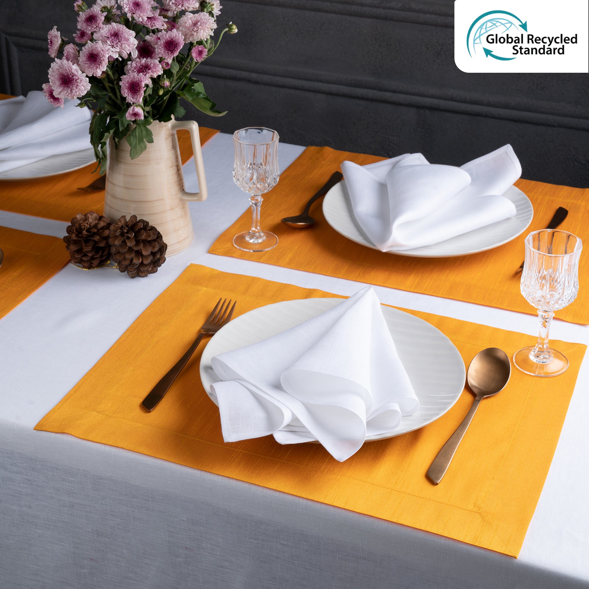 Yellow Luxe Shine placemats styled on a dining table