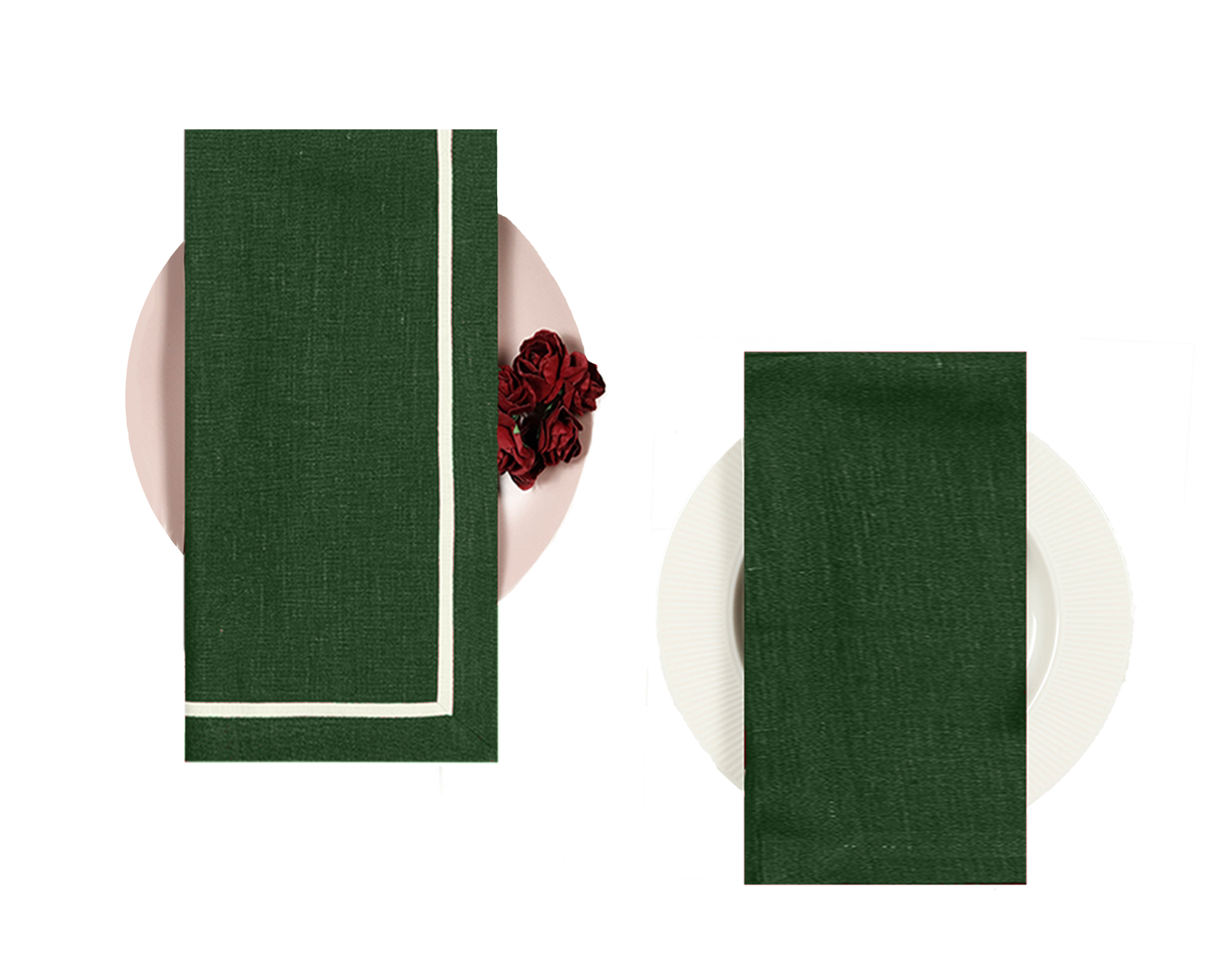 Close-up of the reversible design on forest green and white pure linen dinner napkins