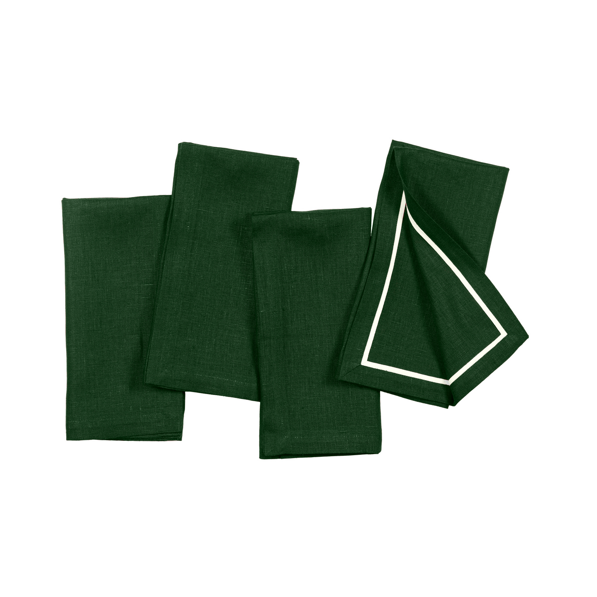 Forest green and white pure linen dinner napkins styled on a dining table