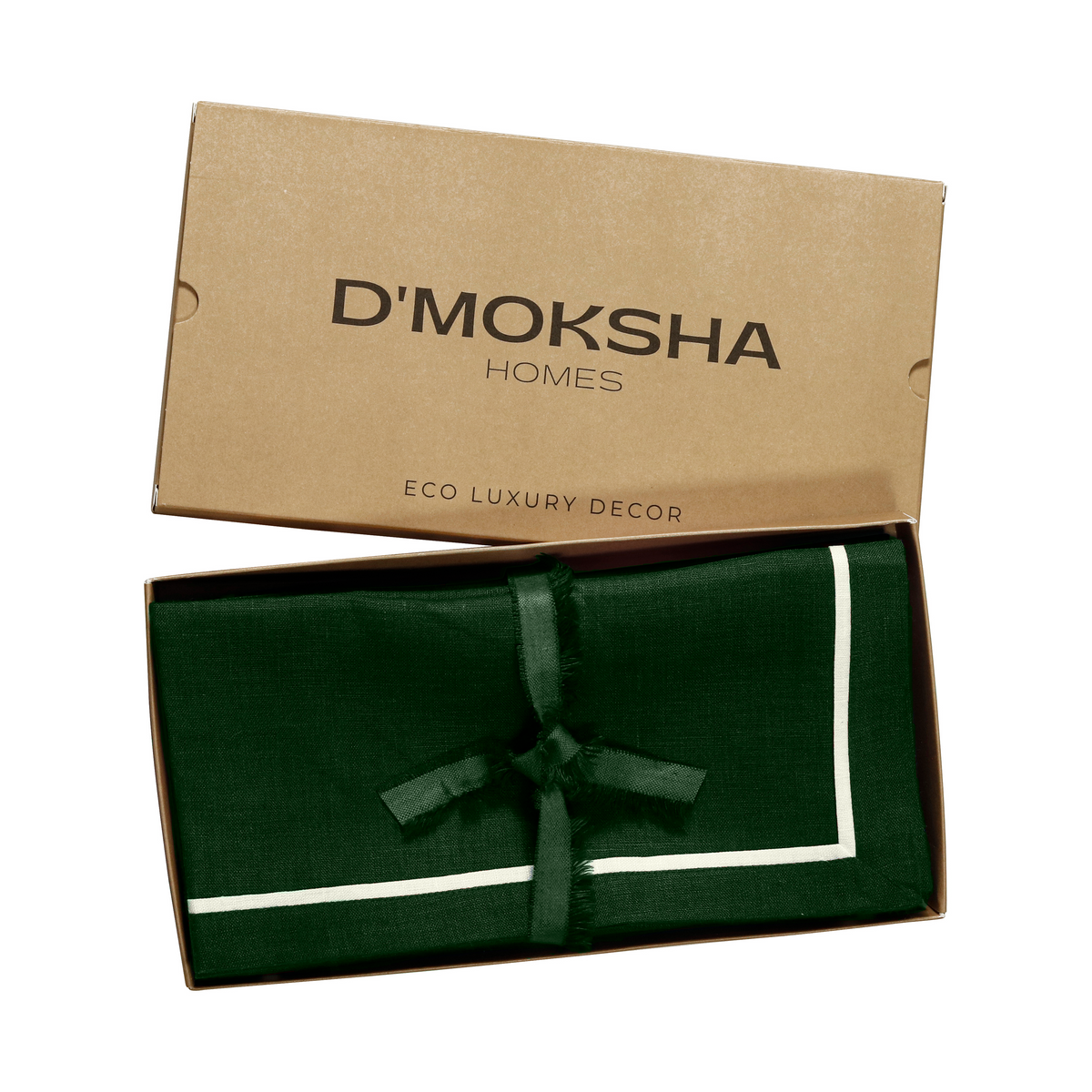 Forest green and white pure linen dinner napkins folded to show fabric texture