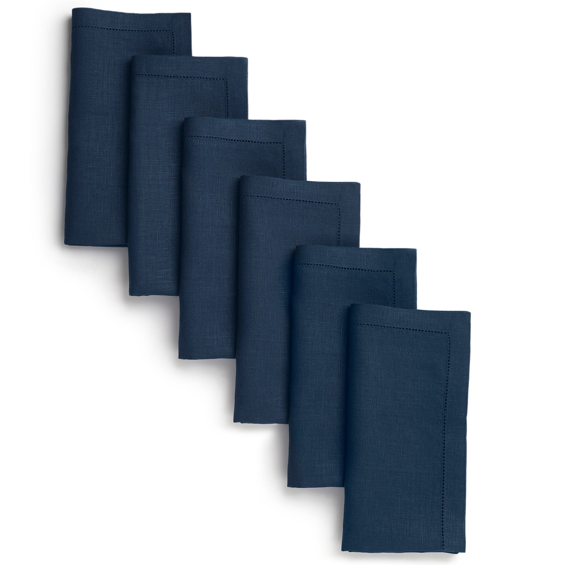 Navy blue pure linen dinner napkins with hemstitch edge, 20 x 20 inches, set of 6