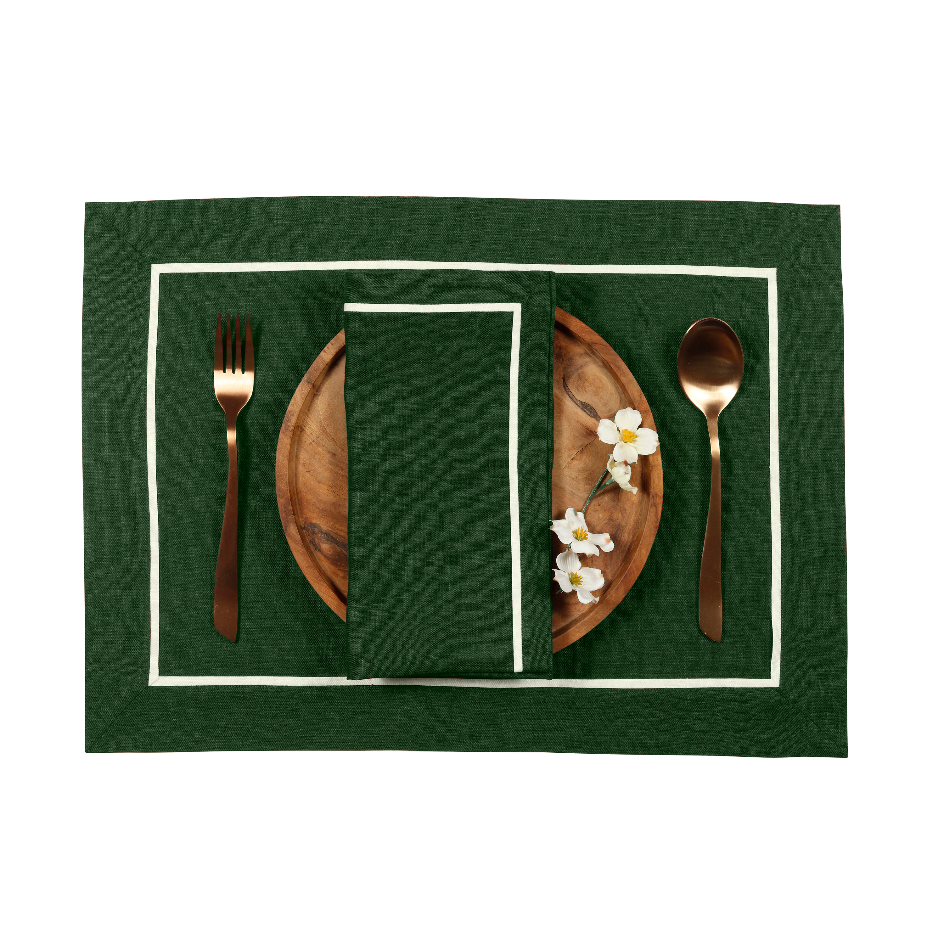 Forest green and white pure linen dinner napkins with matching D'Moksha table linens