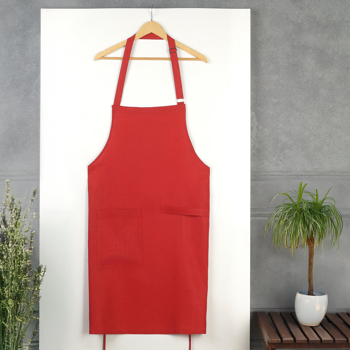 Bright Red Linen Apron - Adjustable Strap