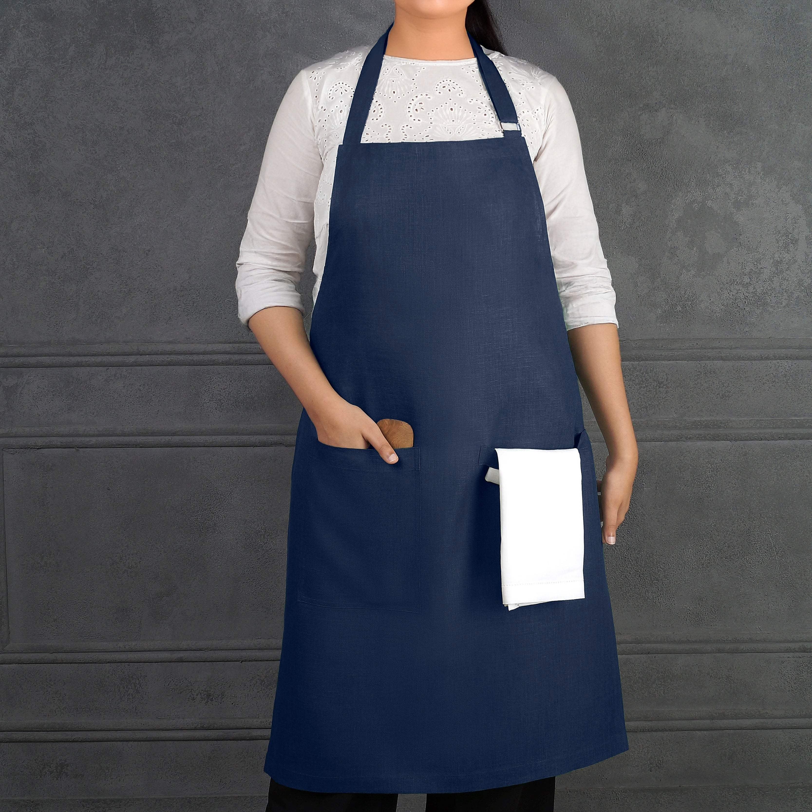 Navy Blue Linen Apron