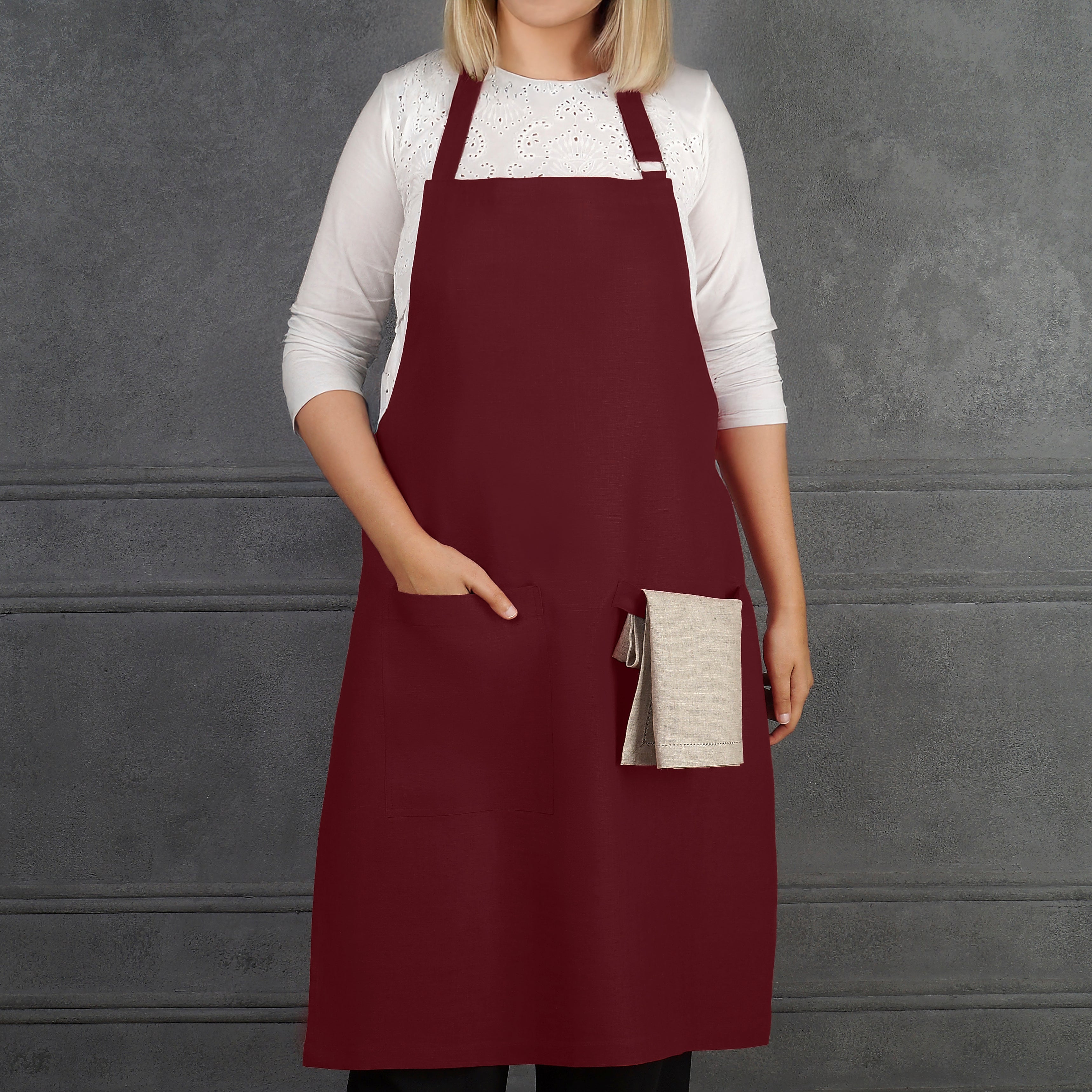 Dark Red Linen Apron