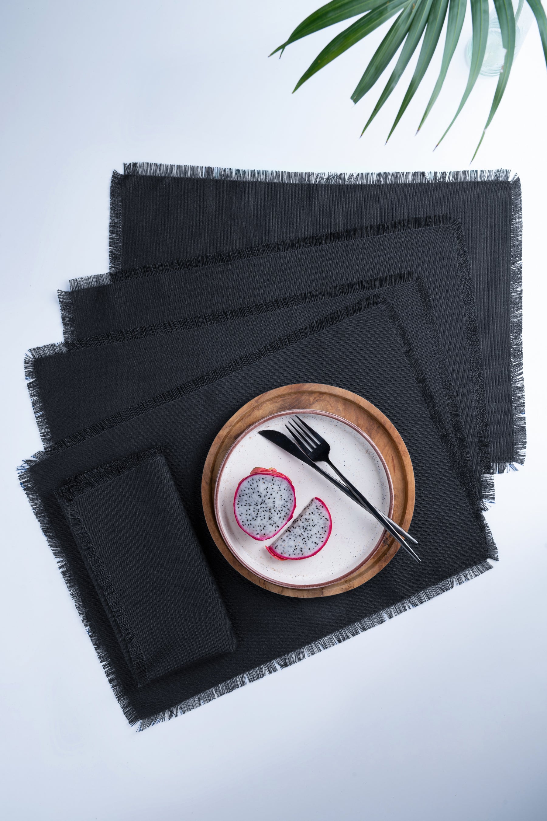 Black Linen Look Recycled Fabric Fringe Placemats