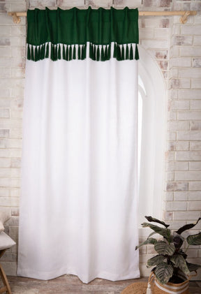 White and Green Linen Look Tassel Curtains | 1 Panel