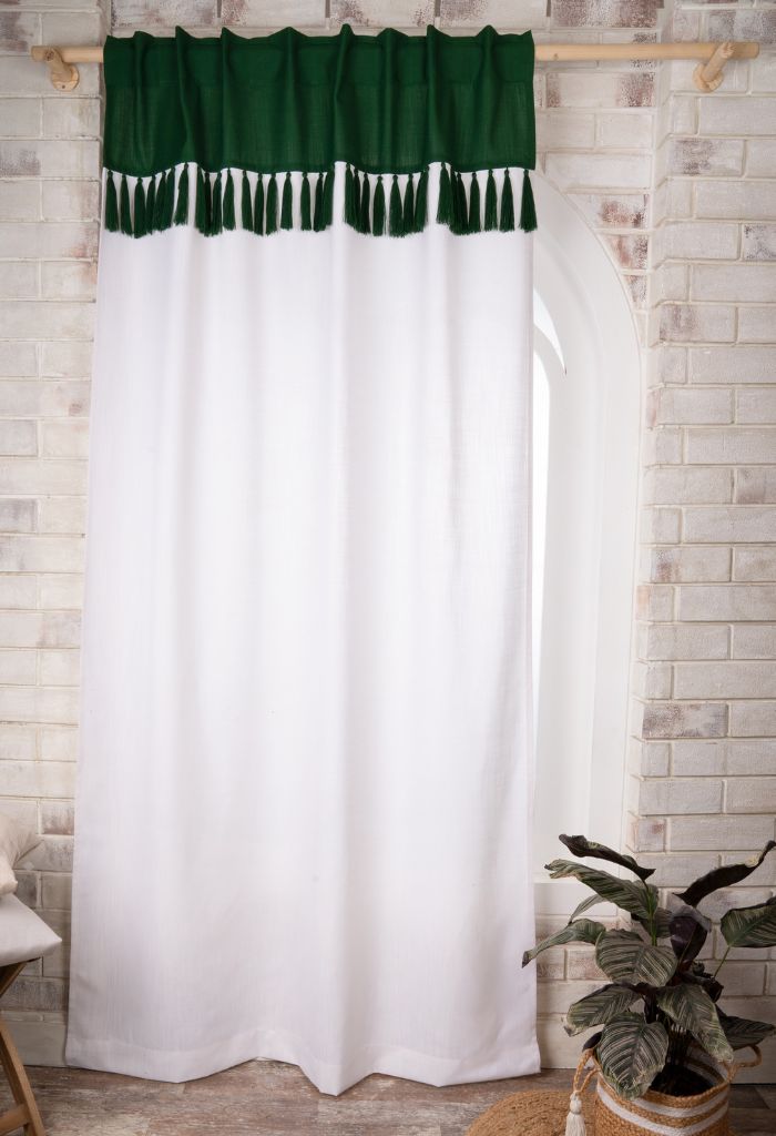 White and Green Linen Look Tassel Curtains