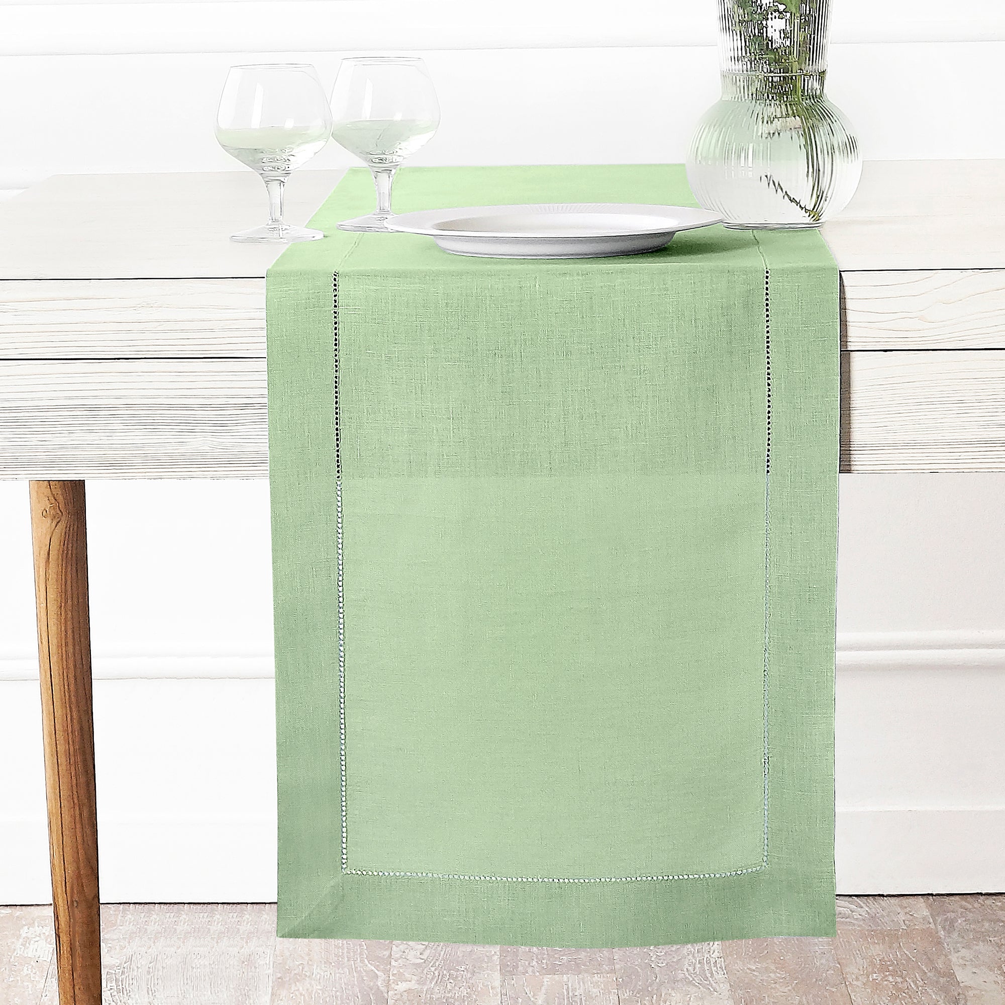 Sage Green Linen Table Runner, Hemstitch