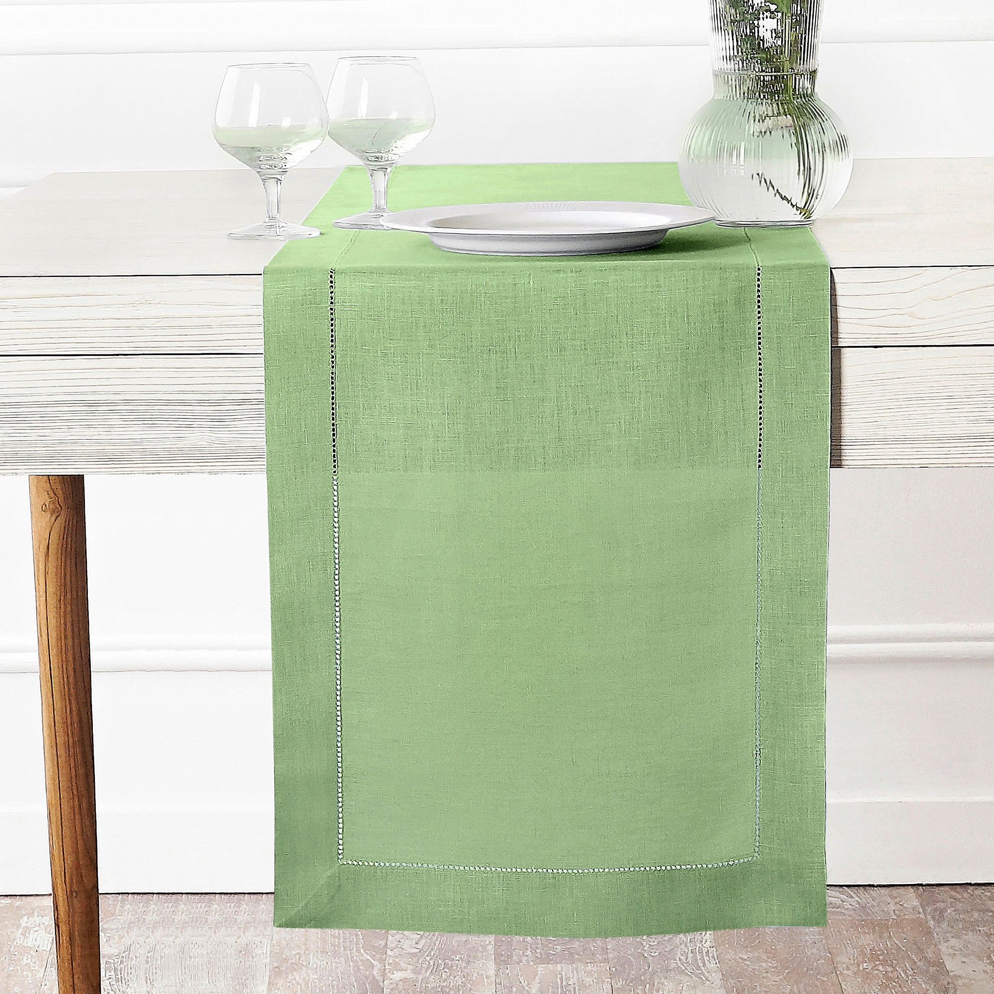 Sage Green Linen Table Runner, Hemstitch