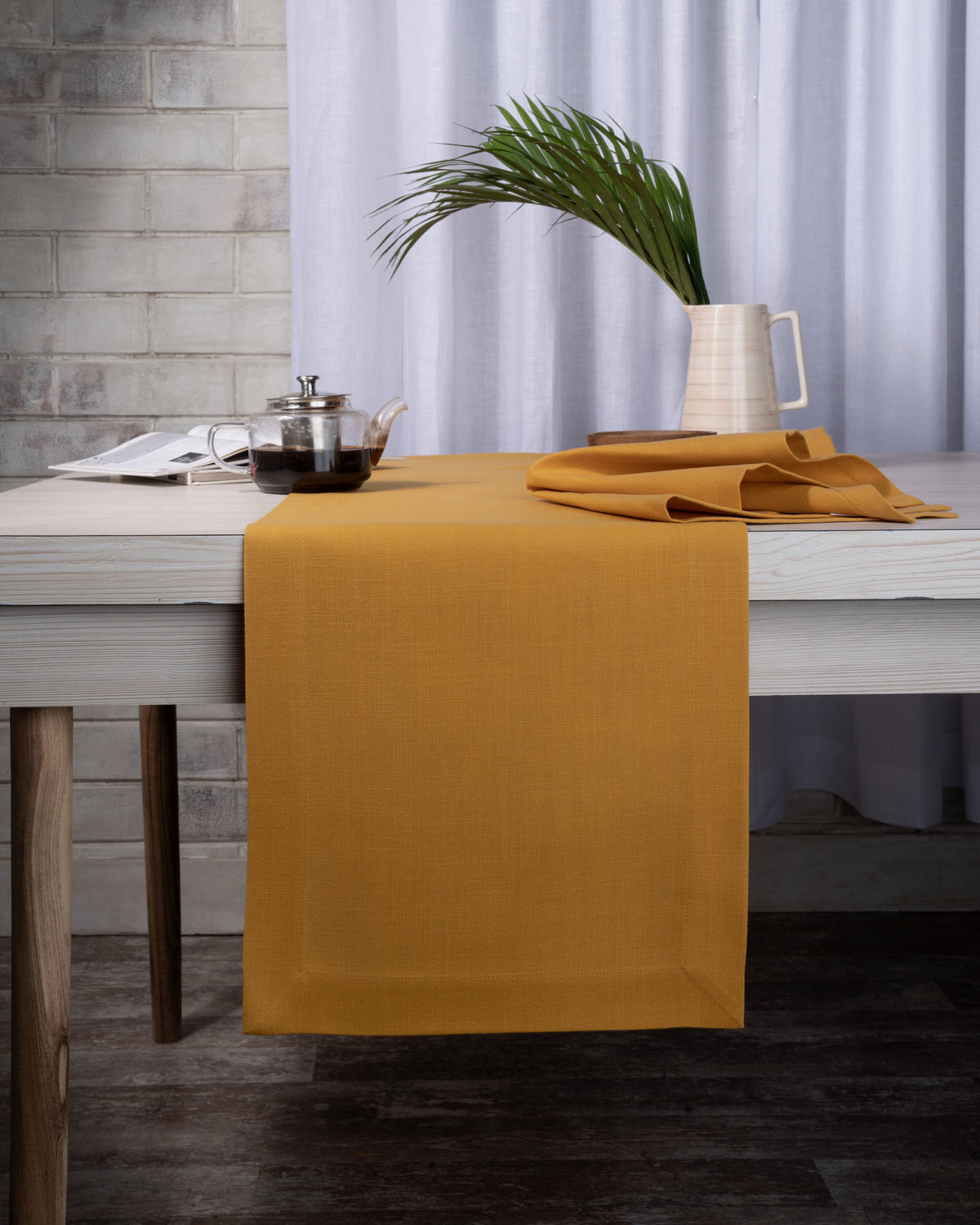 Mustard Linen Textured Table Runner - Mitered Corner