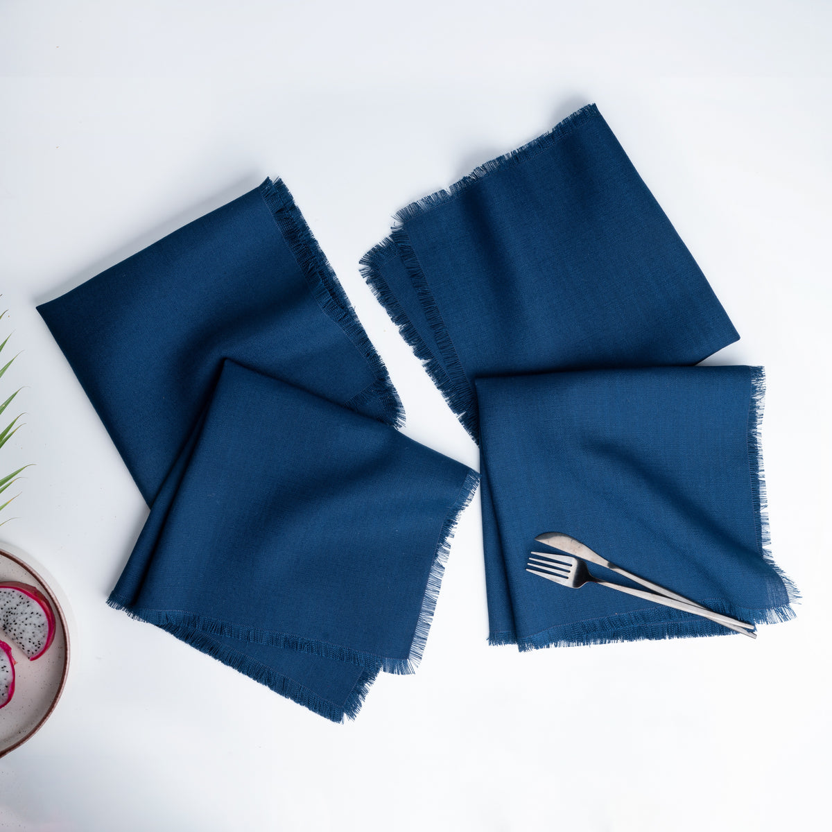Navy Blue Linen Look Recycled Fabric Fringe Dinner Napkins