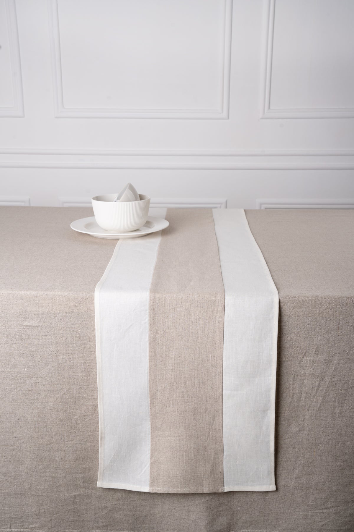 Ivory and Natural Linen Table Runner - Splicing