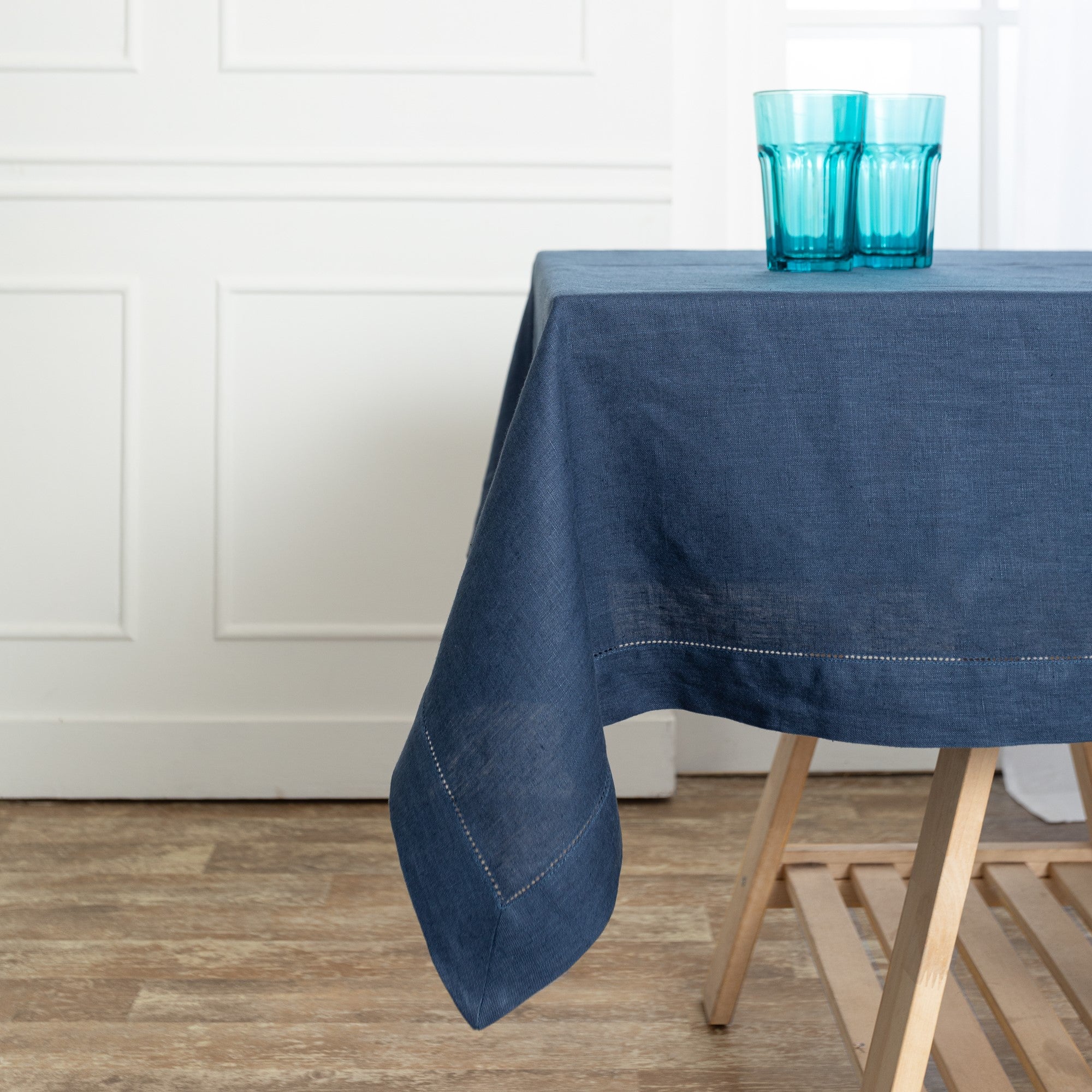 Navy Blue Linen Tablecloth, Hemstitch