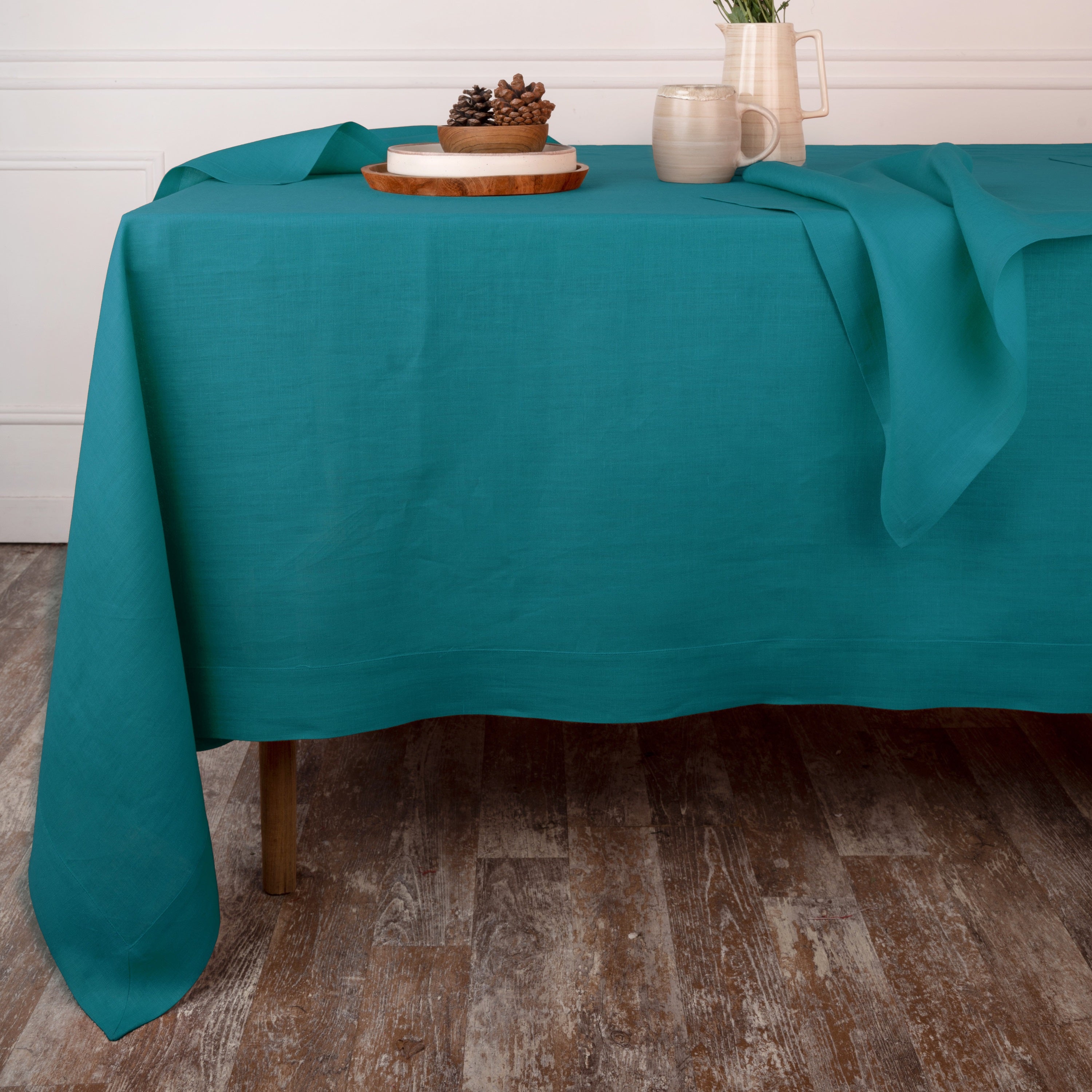 Teal Blue Linen Tablecloth, Hemmed