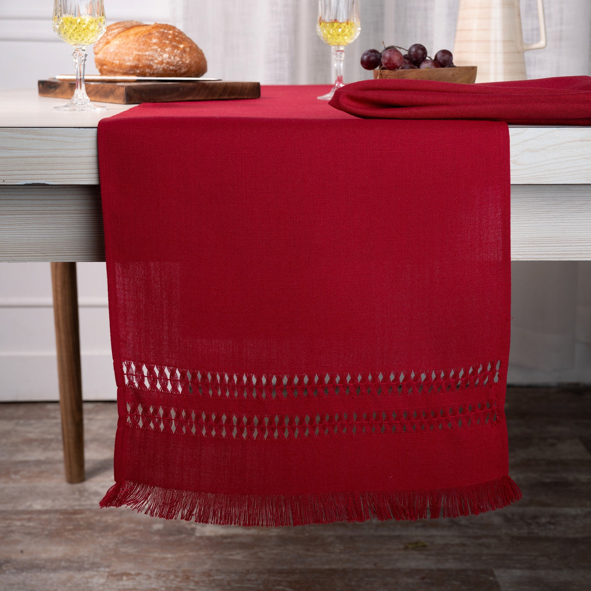 Red Table Runner, Faux Linen, Hand Hemstitch