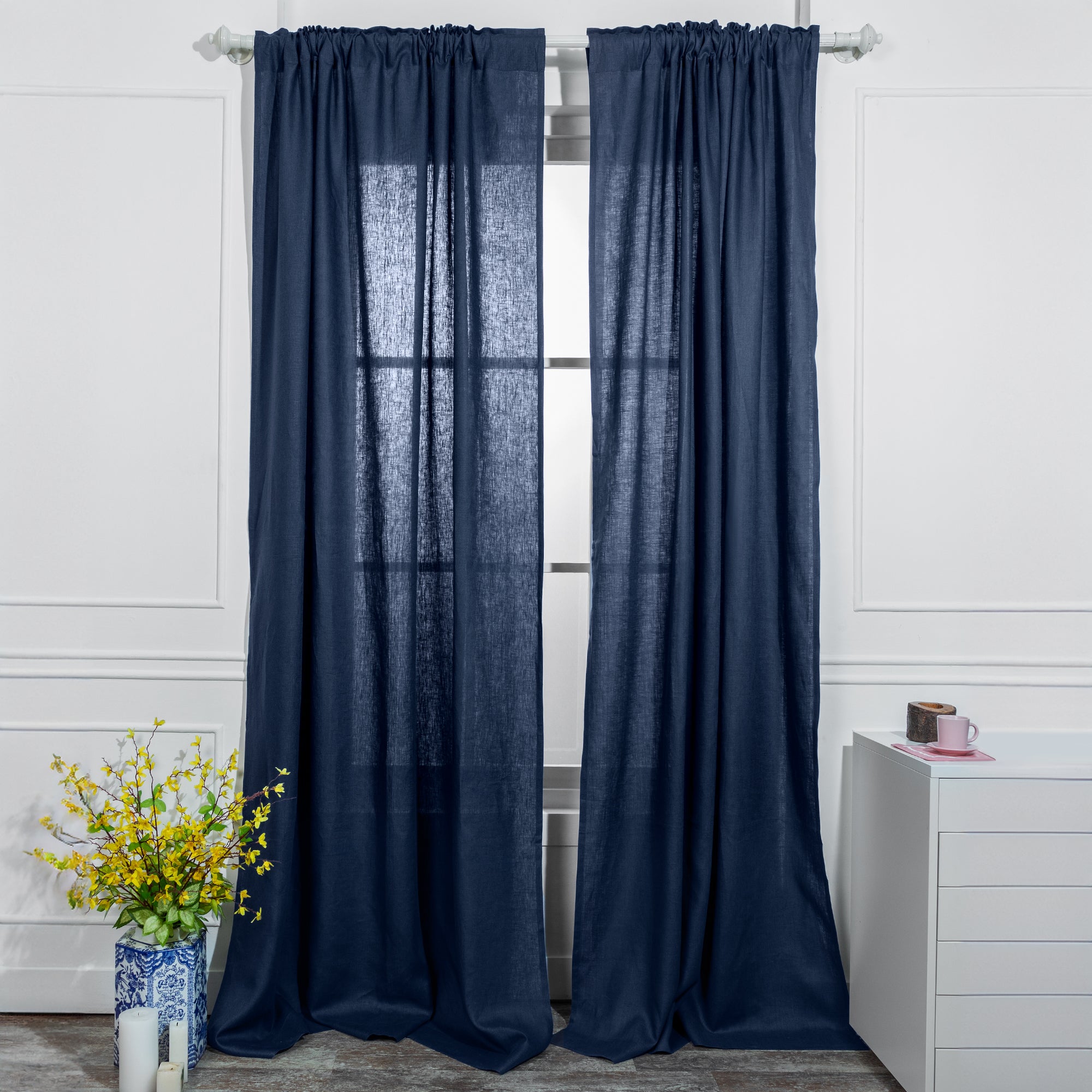 Navy Blue Linen Curtain | Set of 2