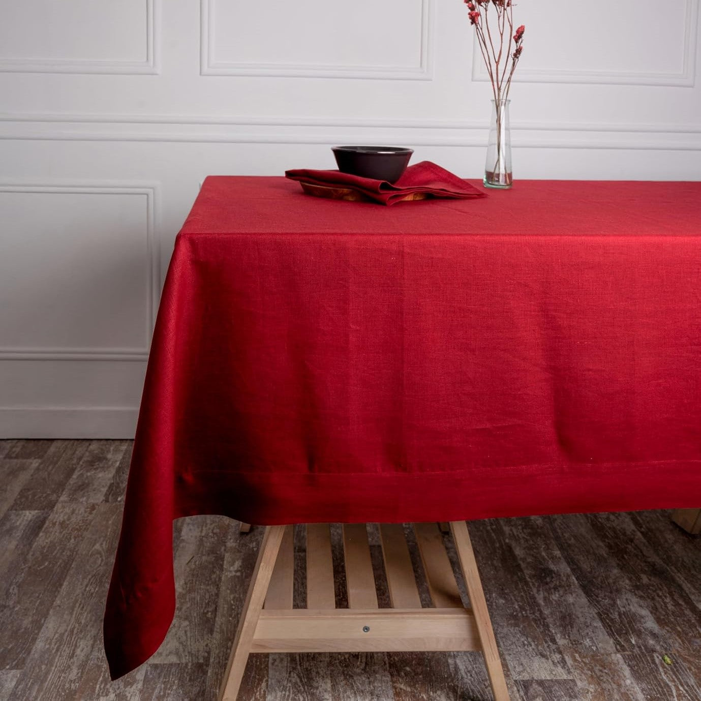 Bright Red Linen Tablecloth, Hemmed