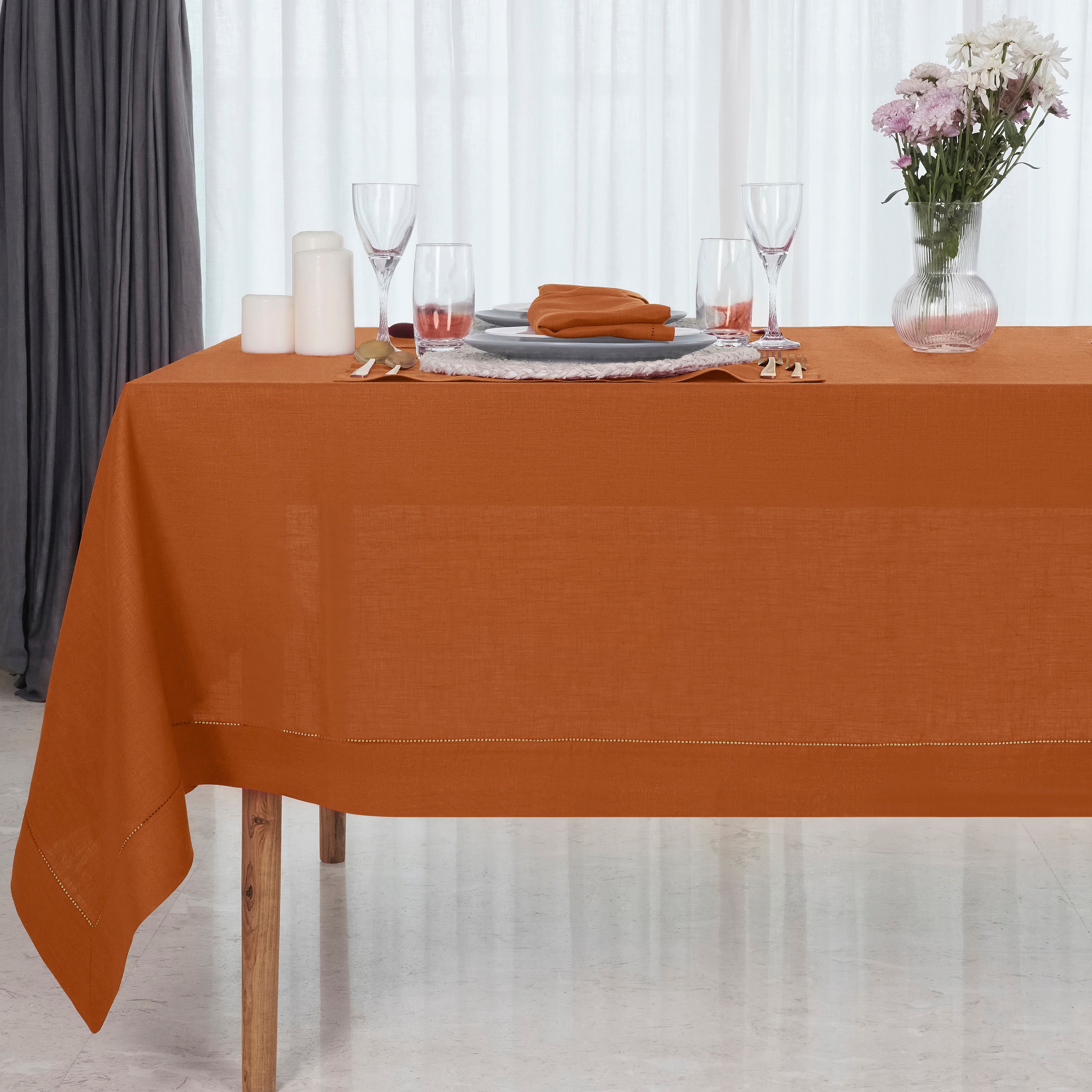 Rust Linen Tablecloth, Hemstitch