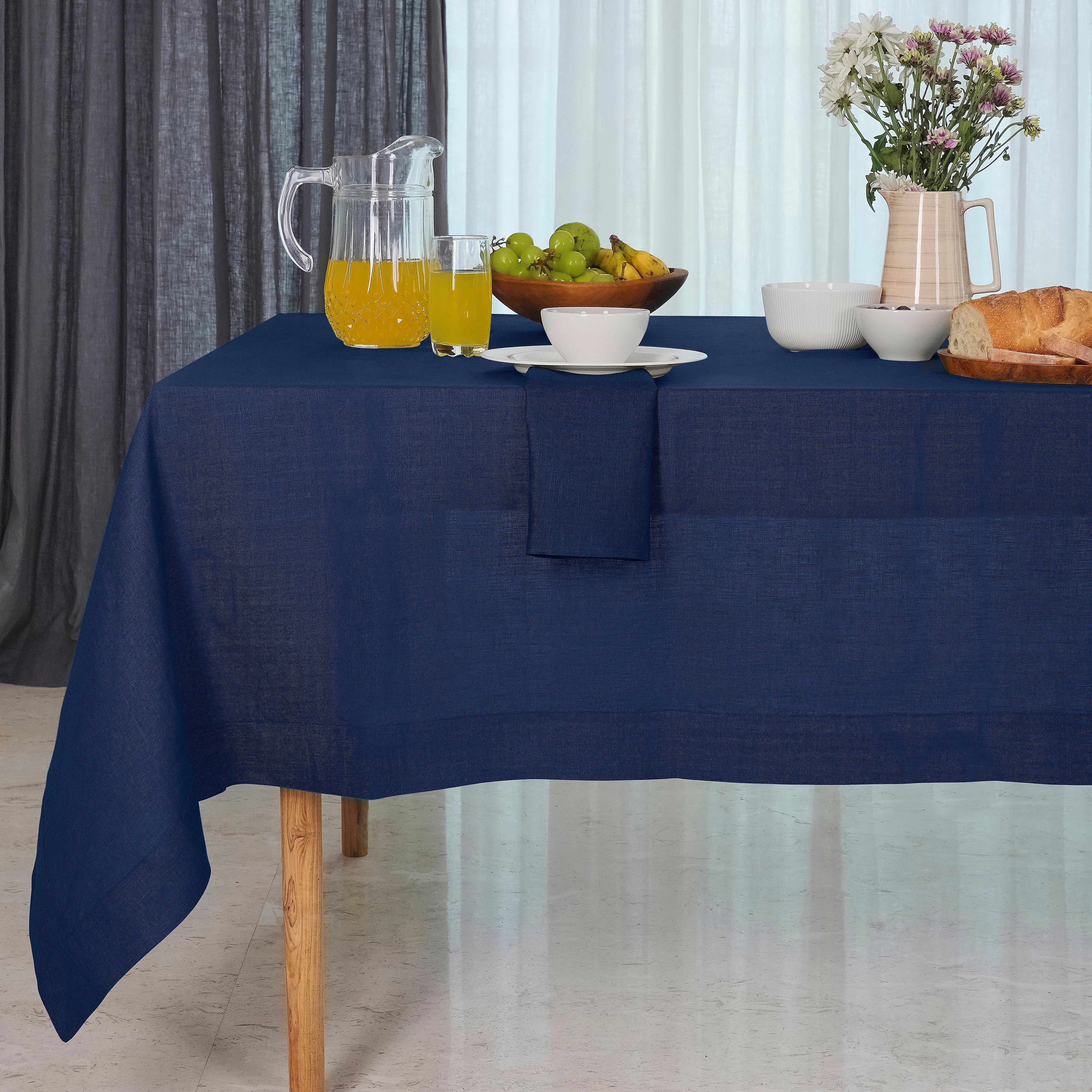 Navy Blue Linen Tablecloth, Hemmed