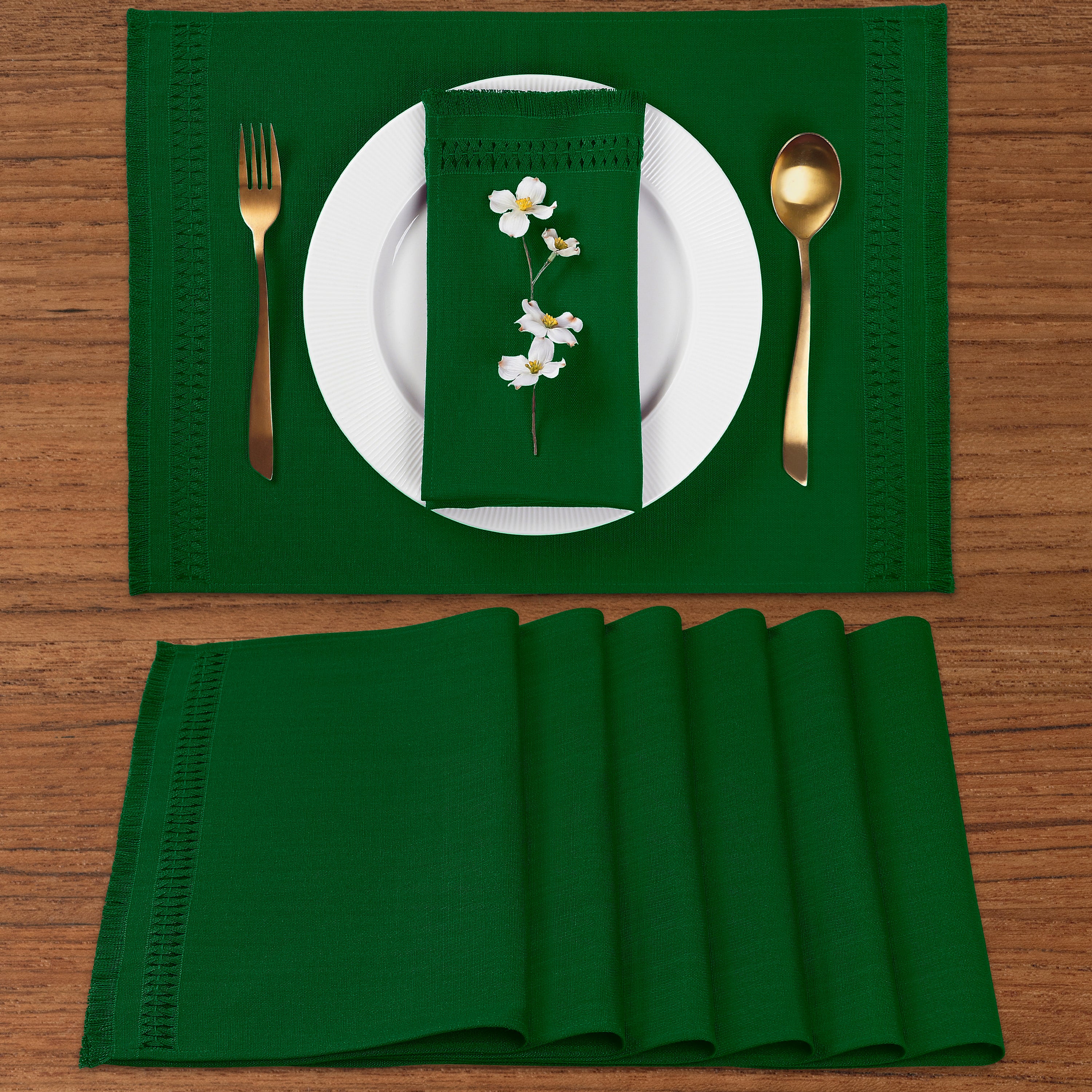 Eden Green Faux Linen Placemats, Hand Hemstitch, 14 x 19 inch, 6 pcs