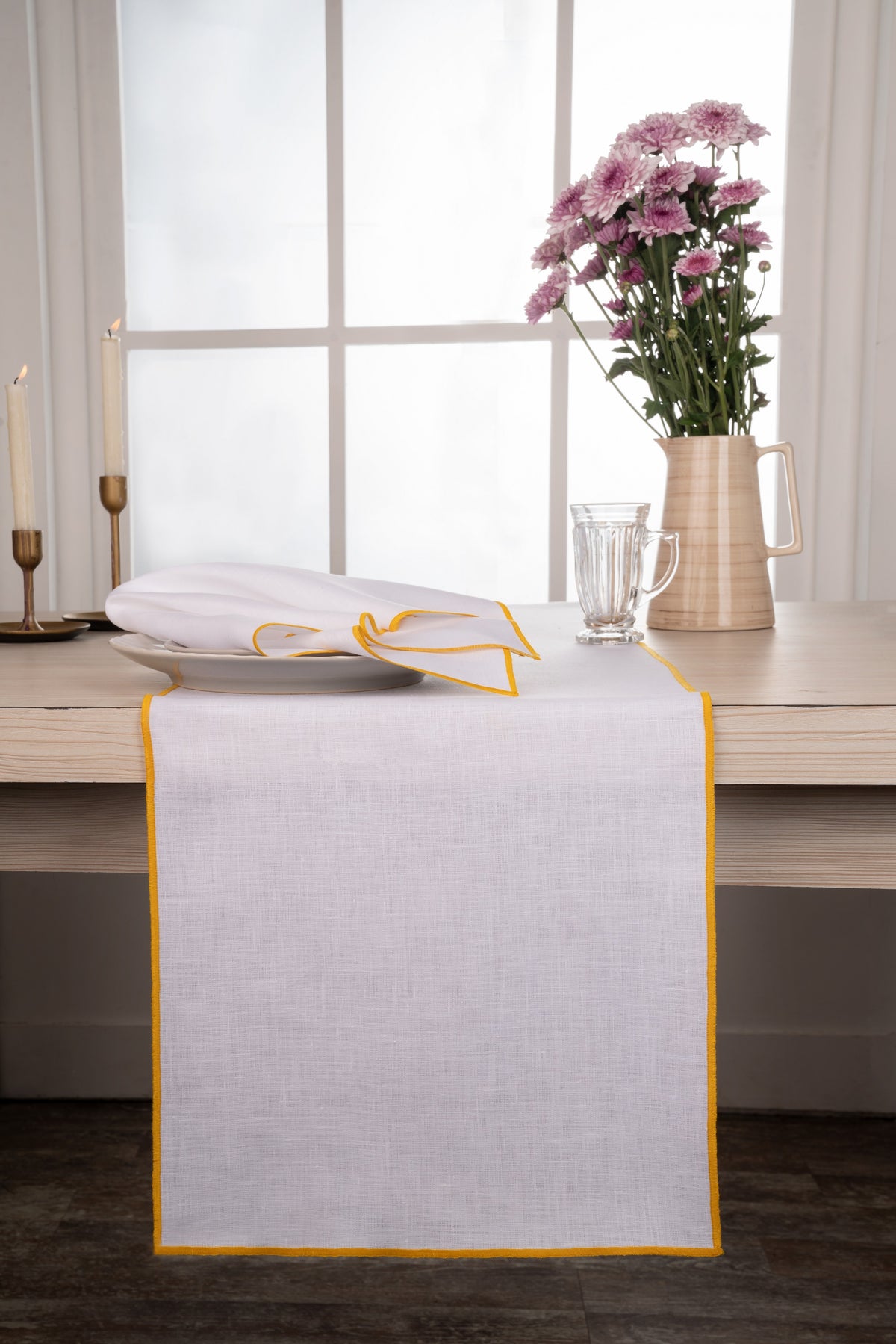 White & Yellow Linen Table Runner- Marrow Edge