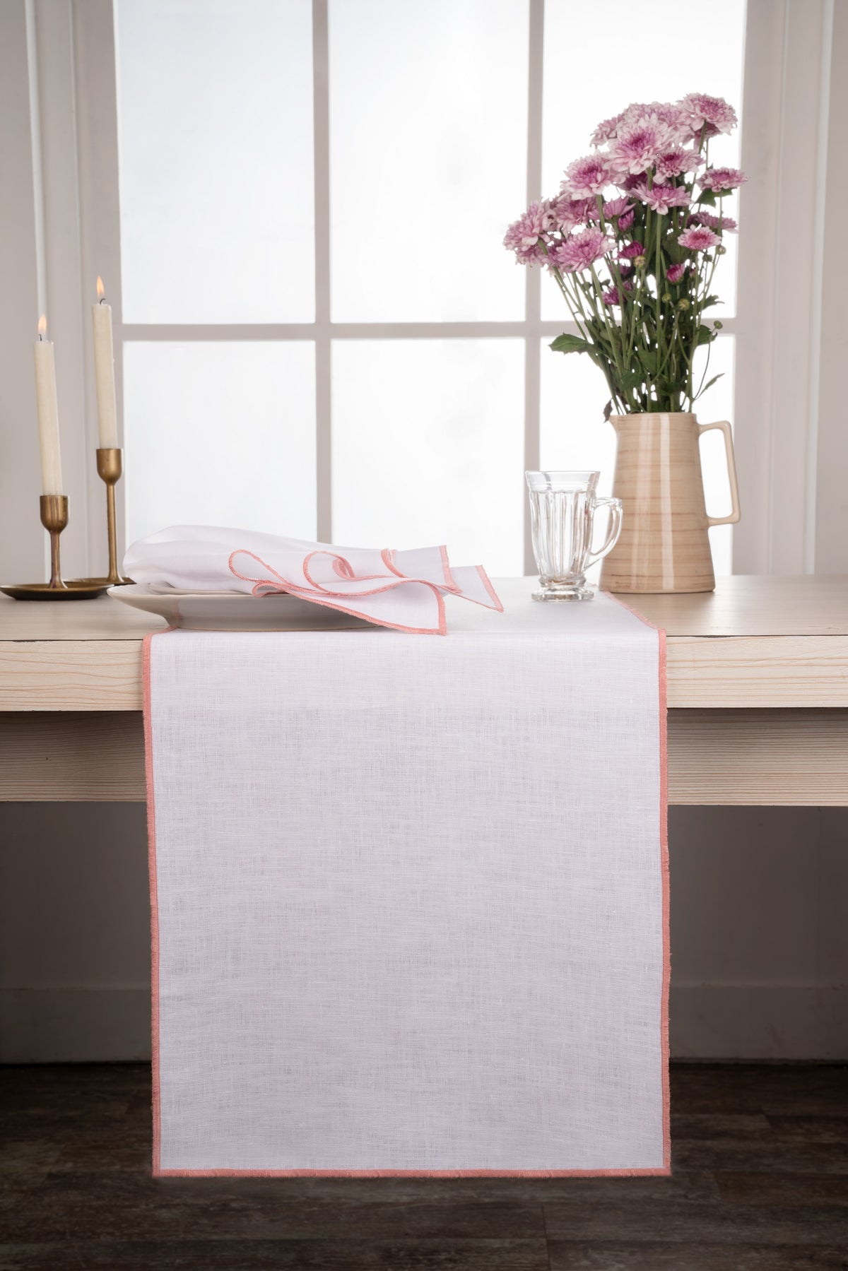 White & Dusty Pink Linen Table Runner- Marrow Edge