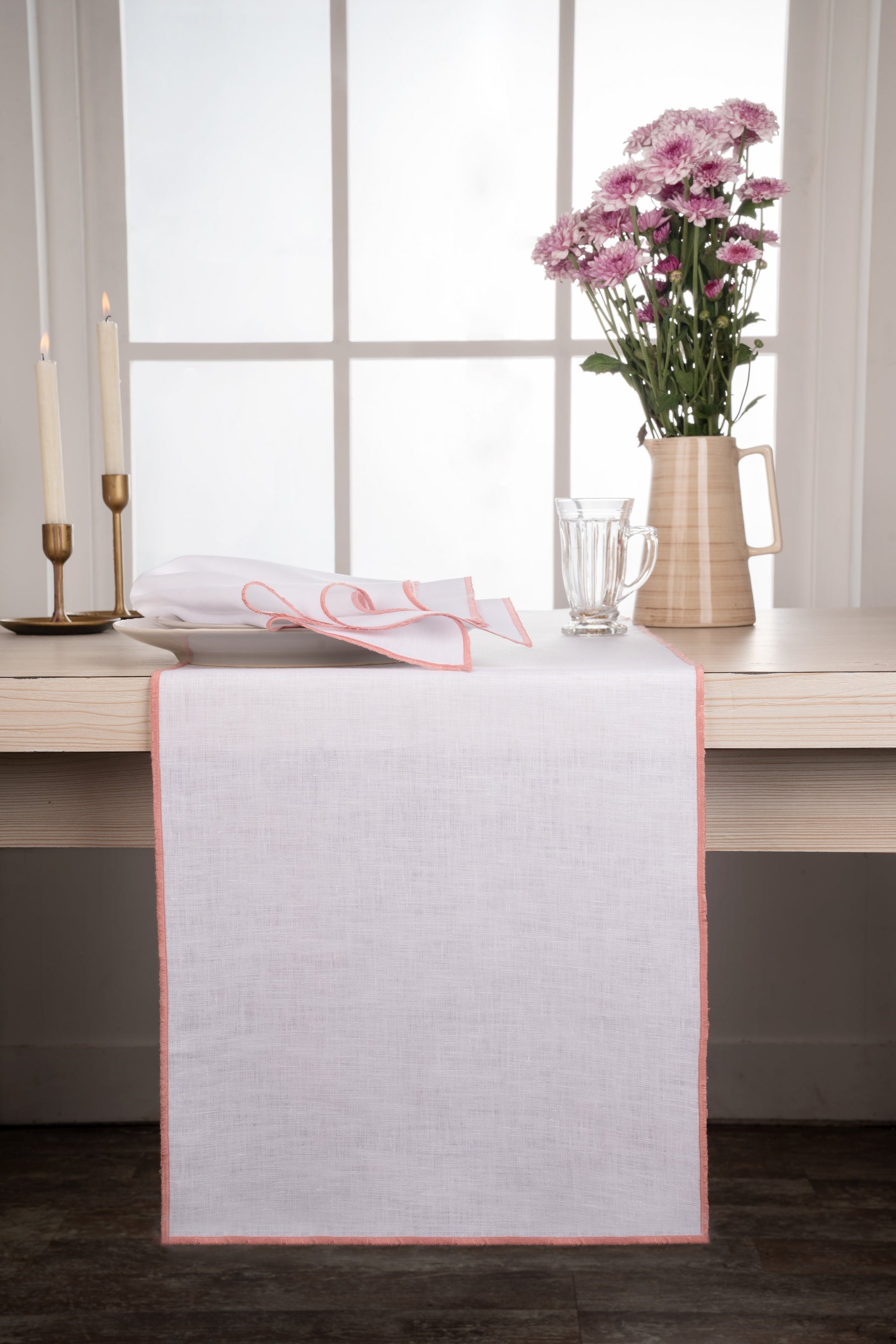 White And Dusty Pink Marrow Edge Table Runner- 100% Pure Linen