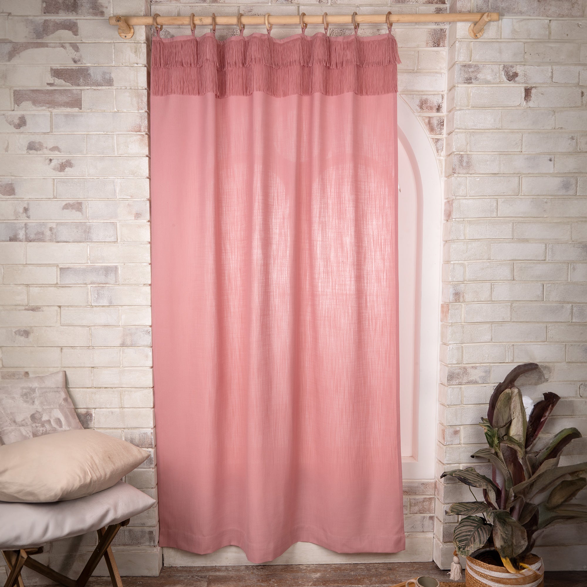 Dusty Pink Faux Linen Double Fringe Curtain