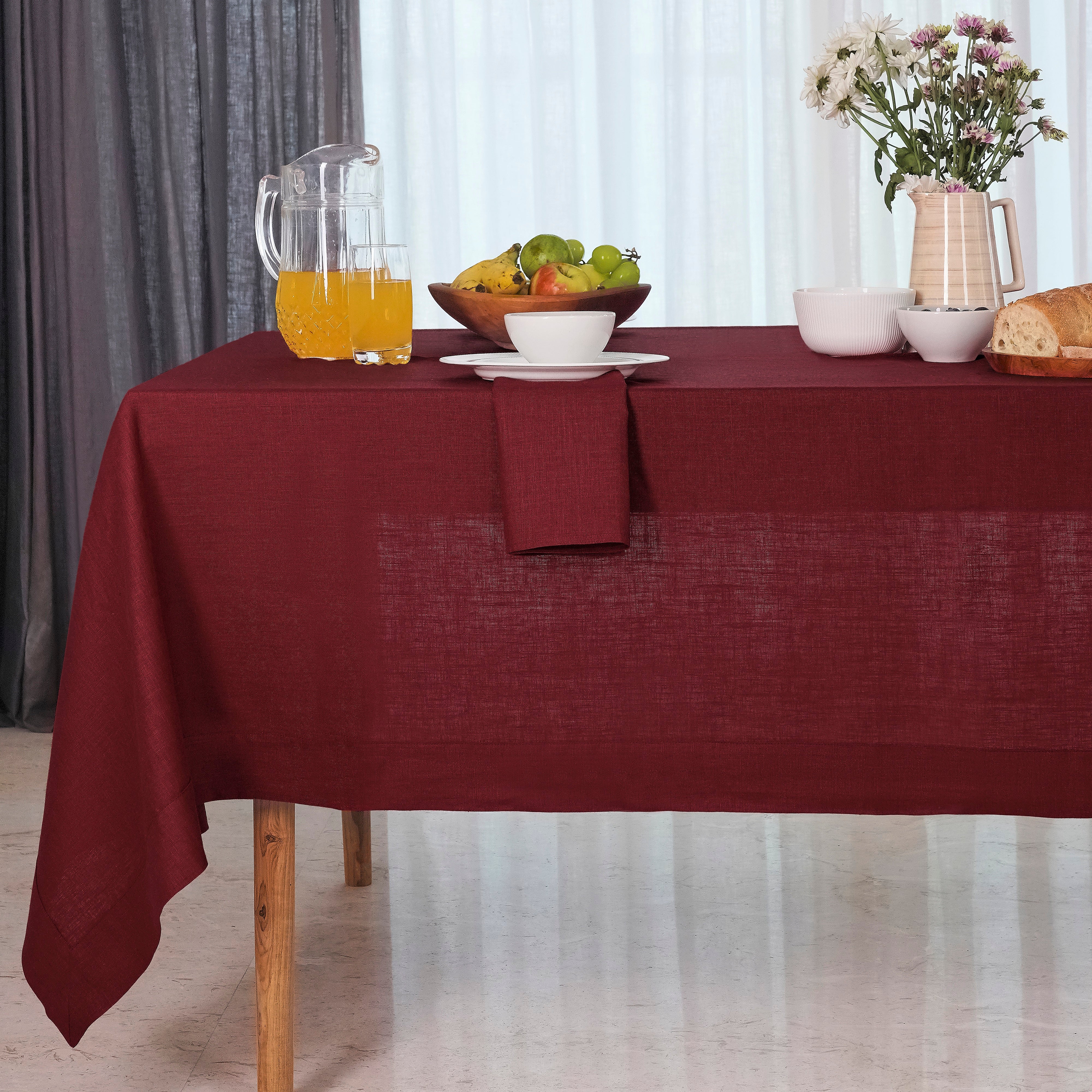 Dark Red Linen Tablecloth, Hemstitch