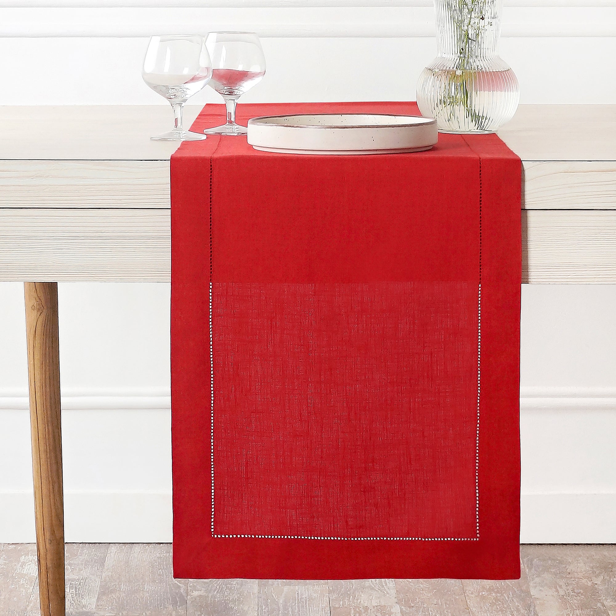 Bright Red Linen Table Runner, Hemstitch