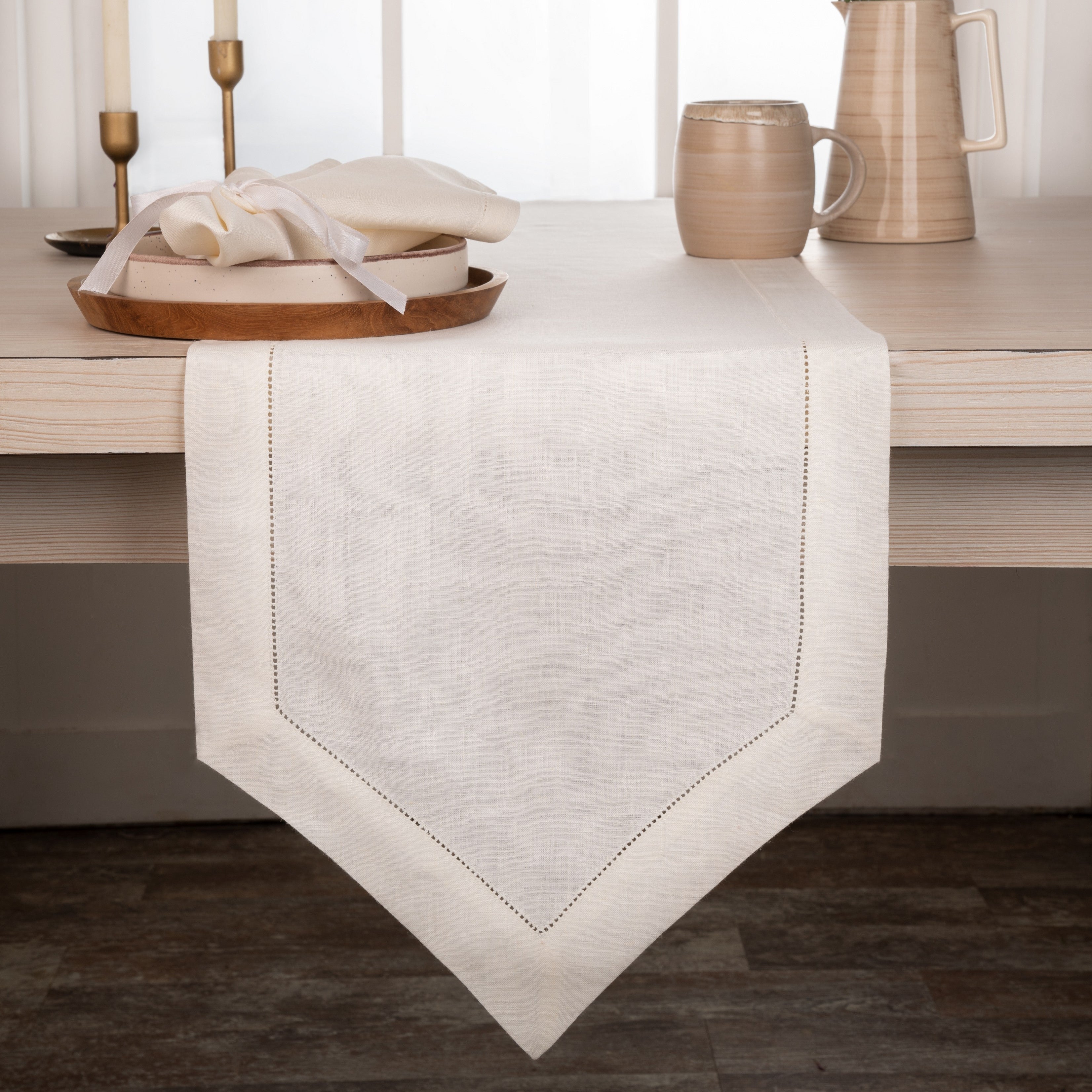 Ivory Linen Table Runner, Diamond