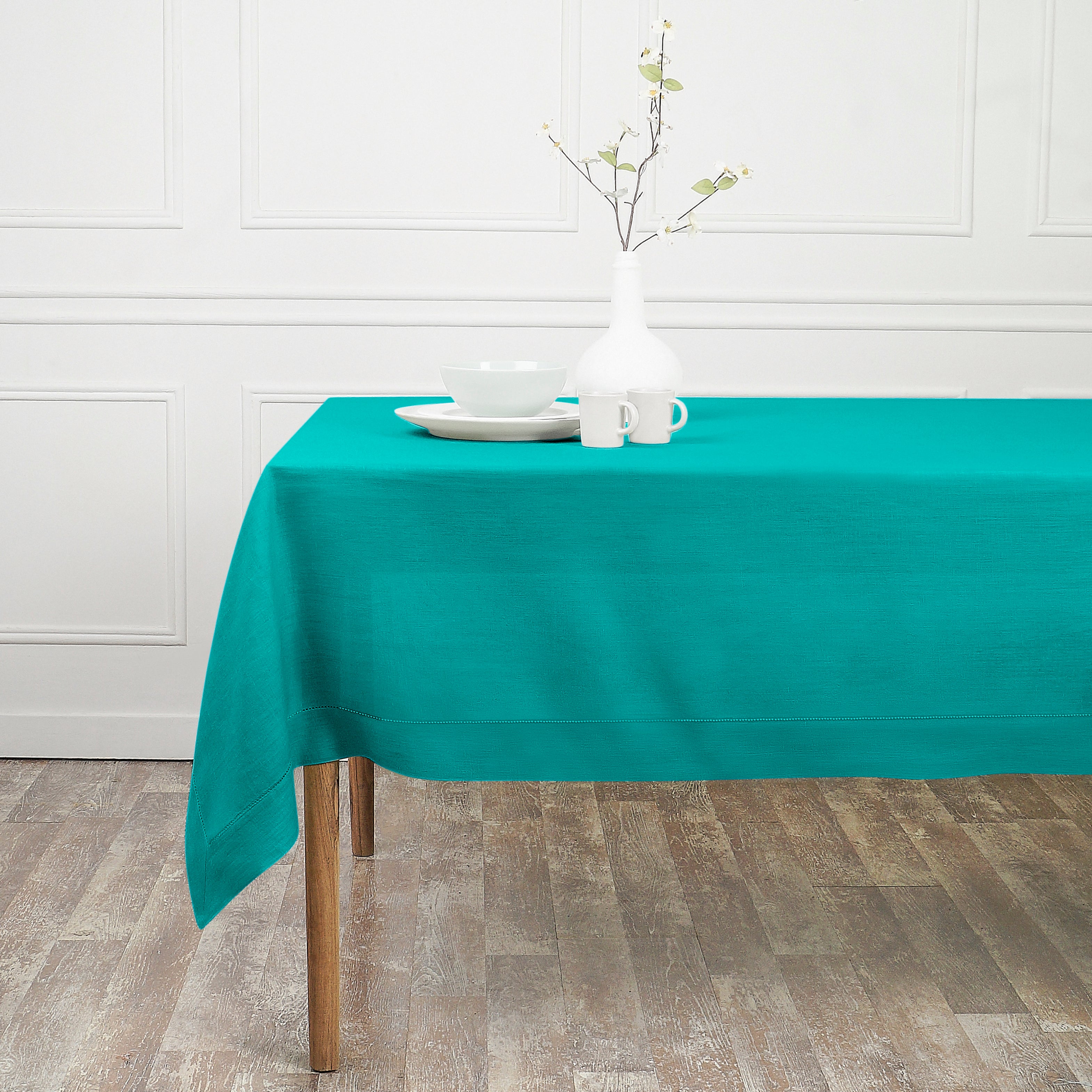 Teal Blue Linen Tablecloth, Hemstitch