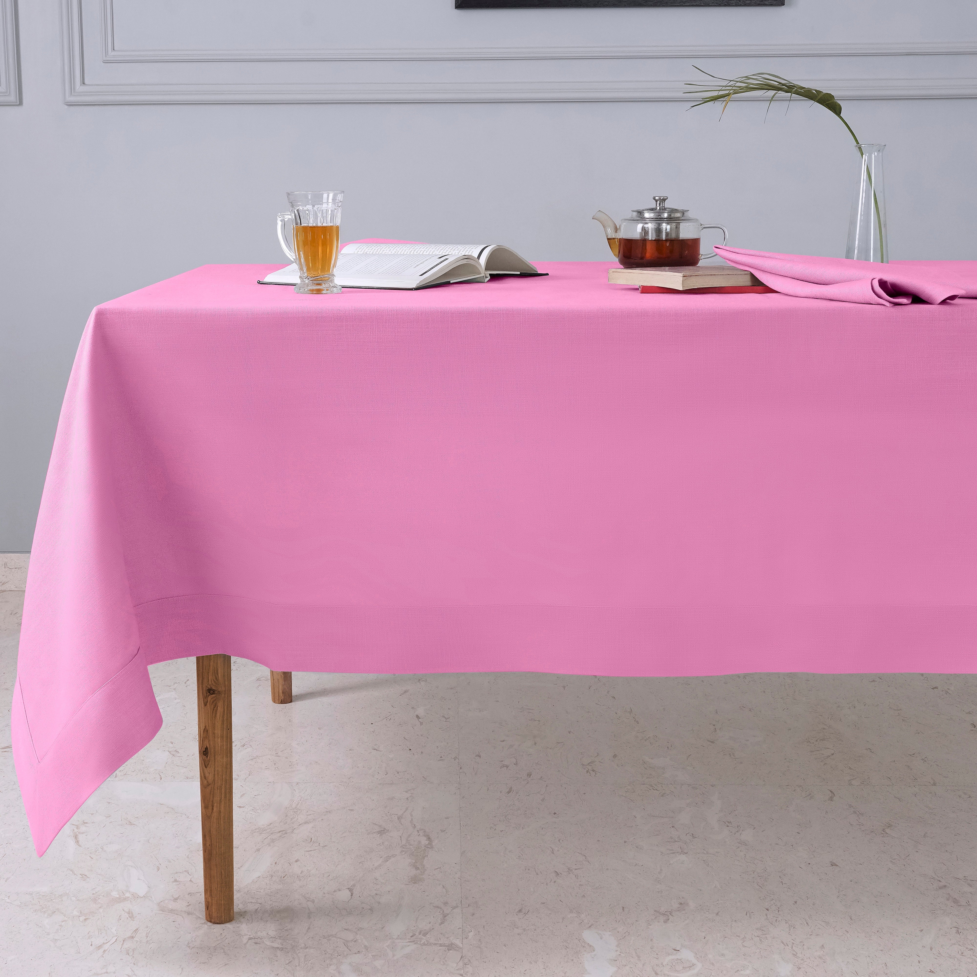 Bubblegum Pink Tablecloth, Faux Linen, Mitered Corner